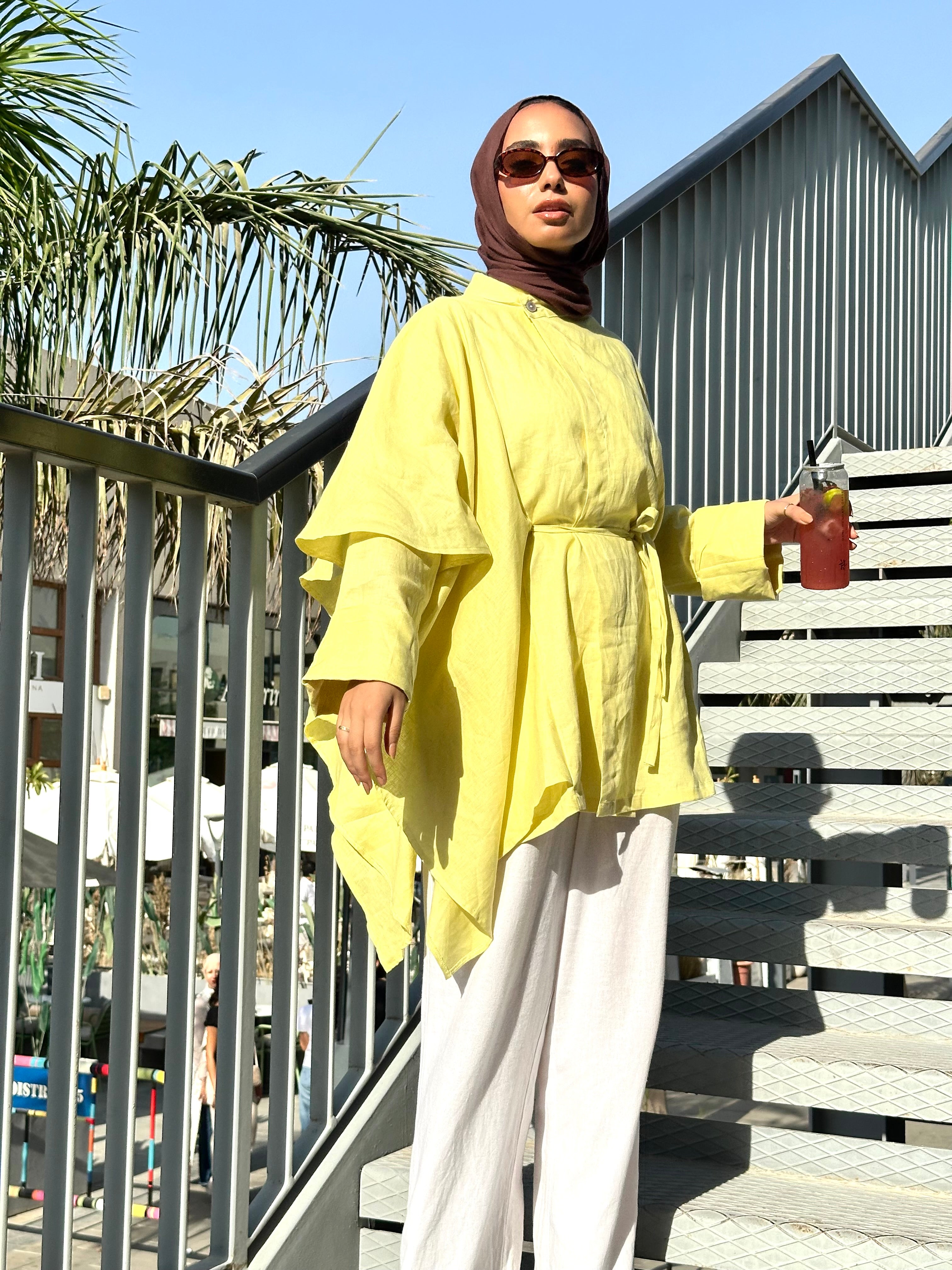 Yellow Side Ruffle Linen Shirt