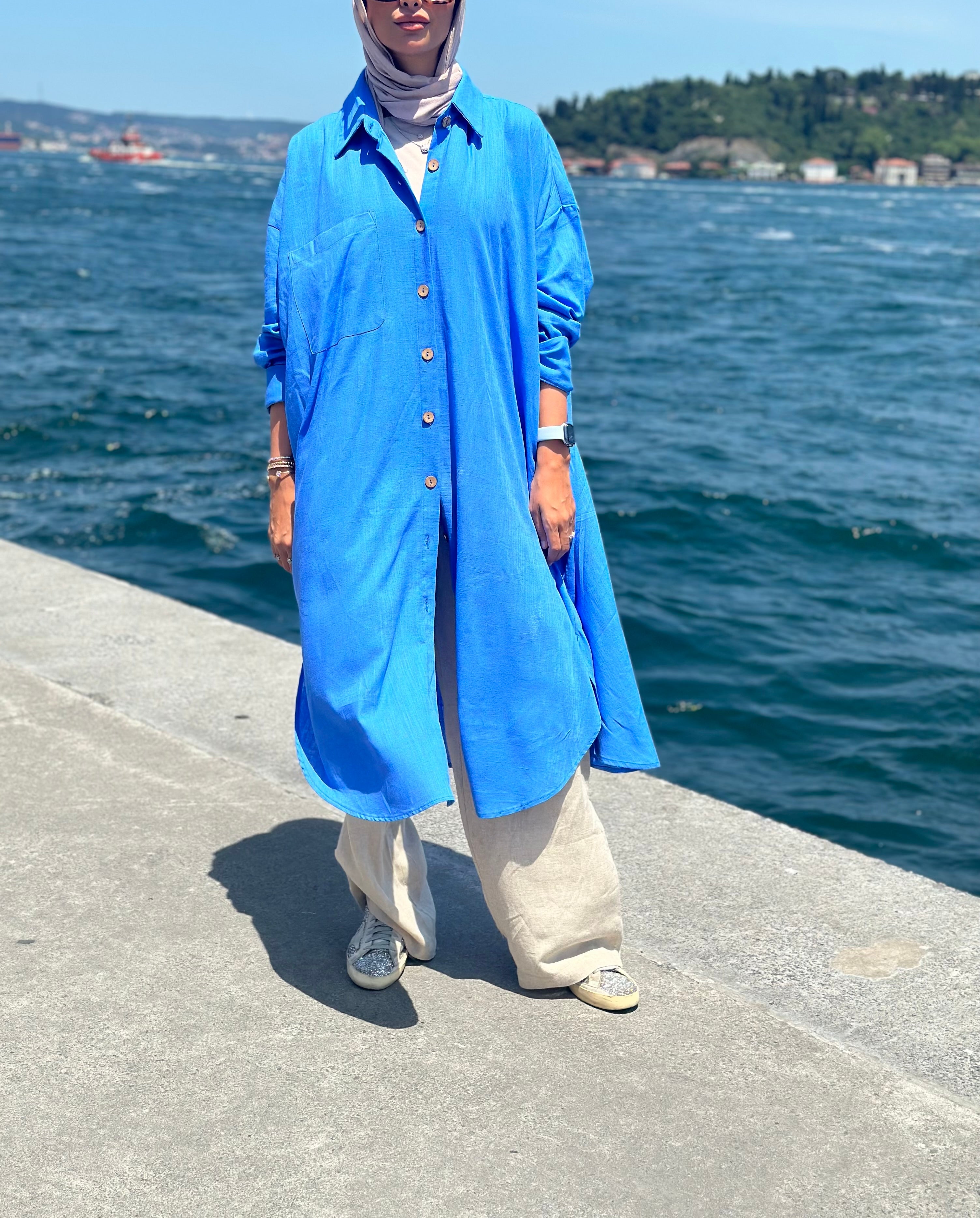Blue Long Line Linen Shirt
