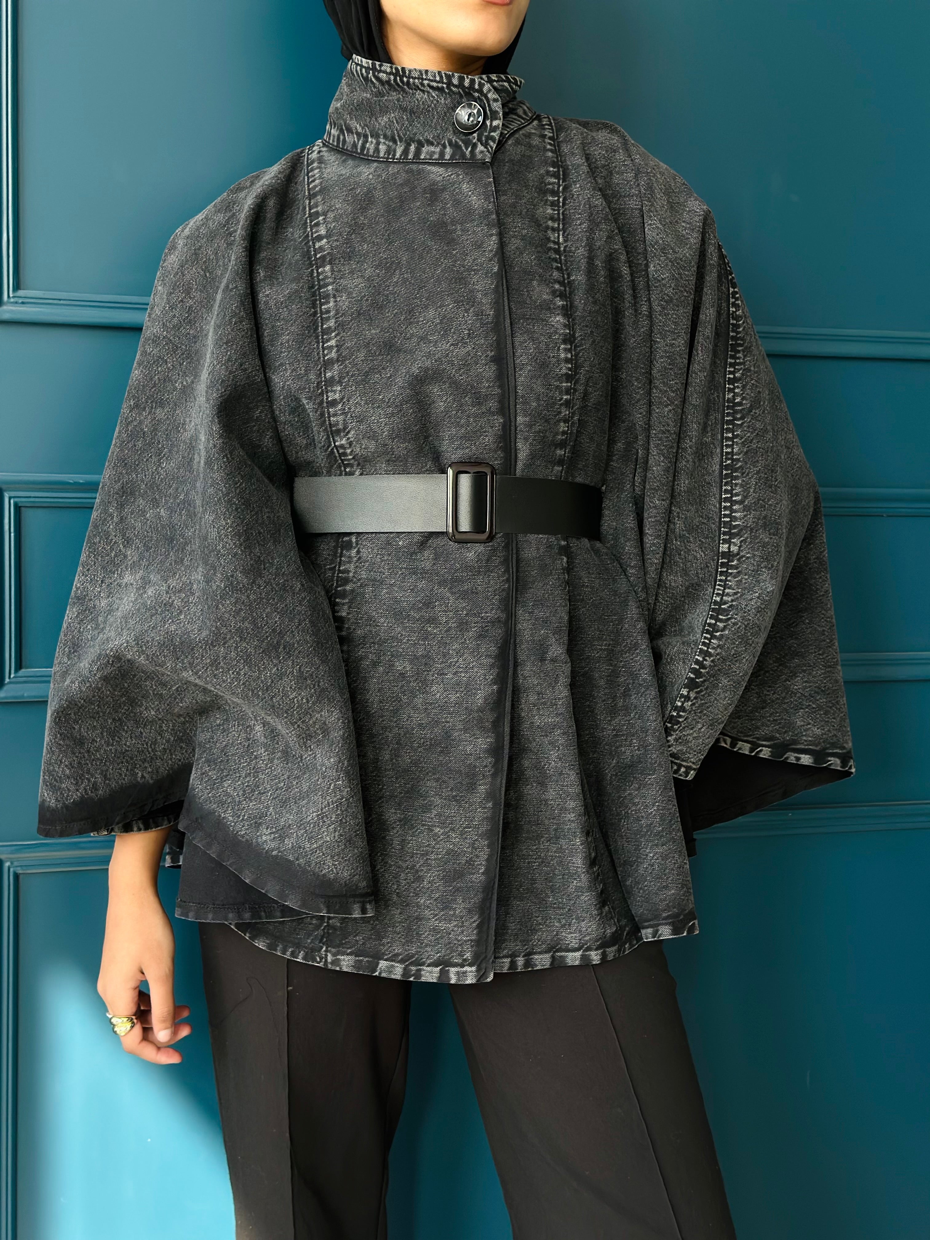 Washed Black Belted Denim Cape.