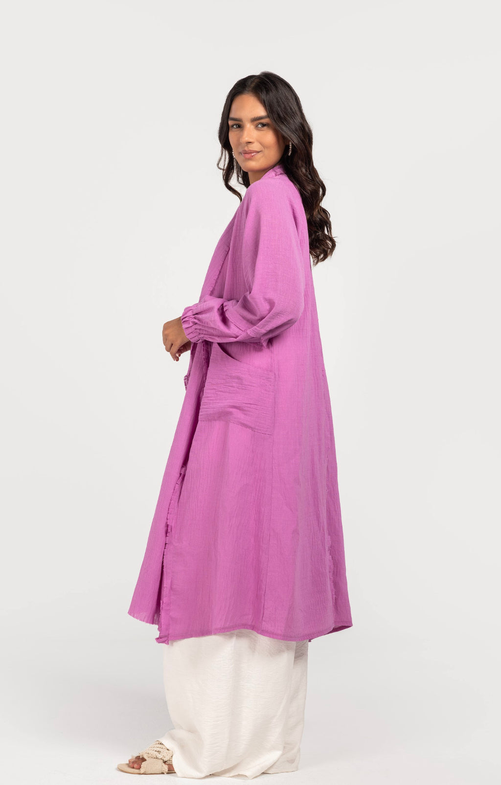 Pinkish Linen Fringes Cardigan