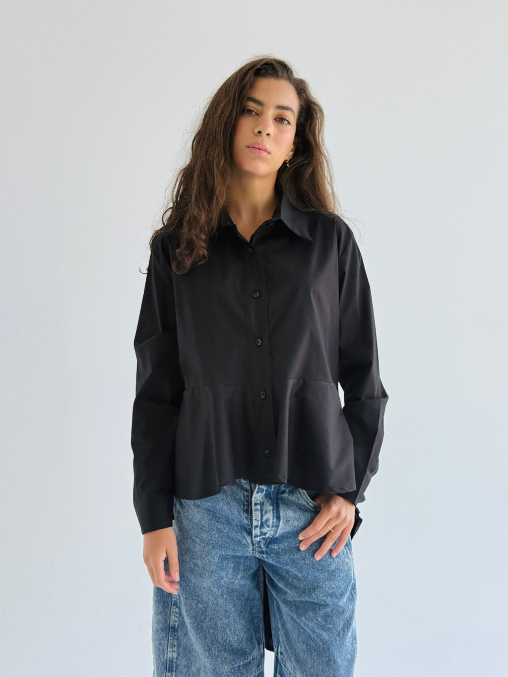 Black Round Ruffled Poplin Shirt