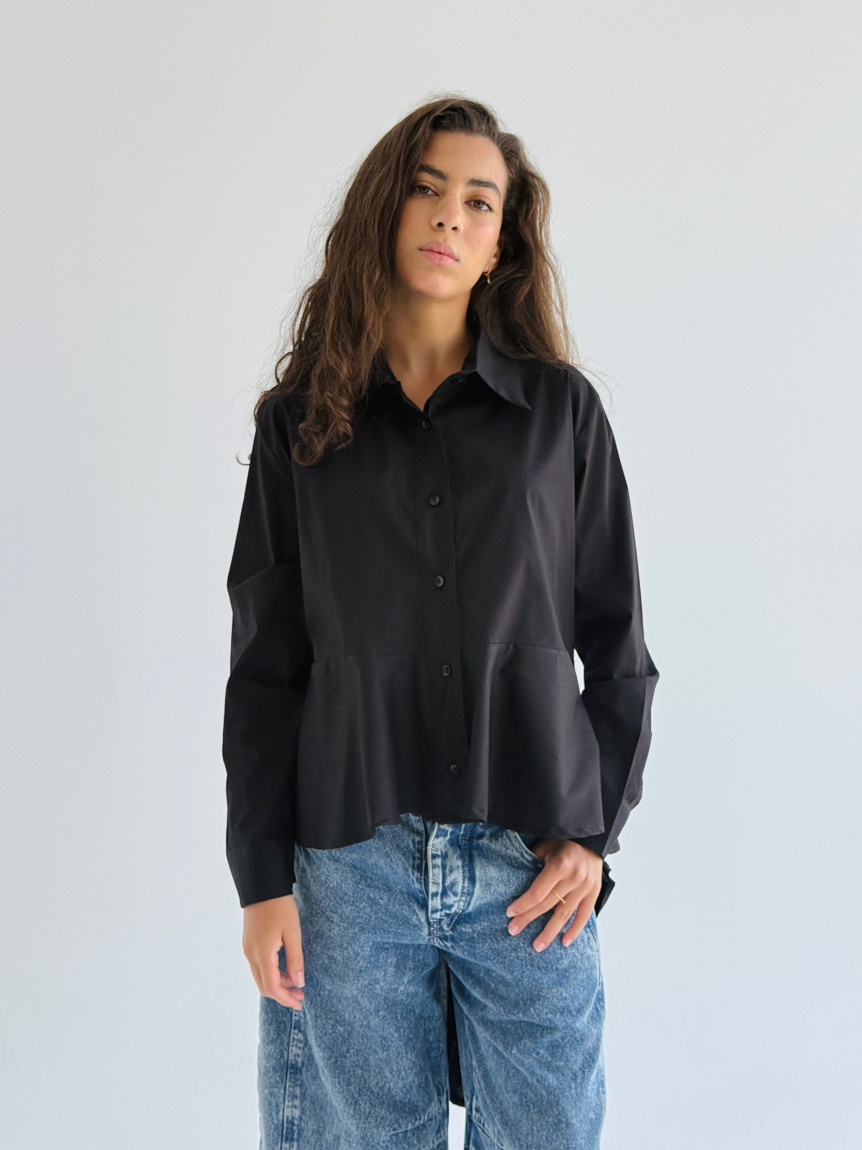 Black Round Ruffled Poplin Shirt