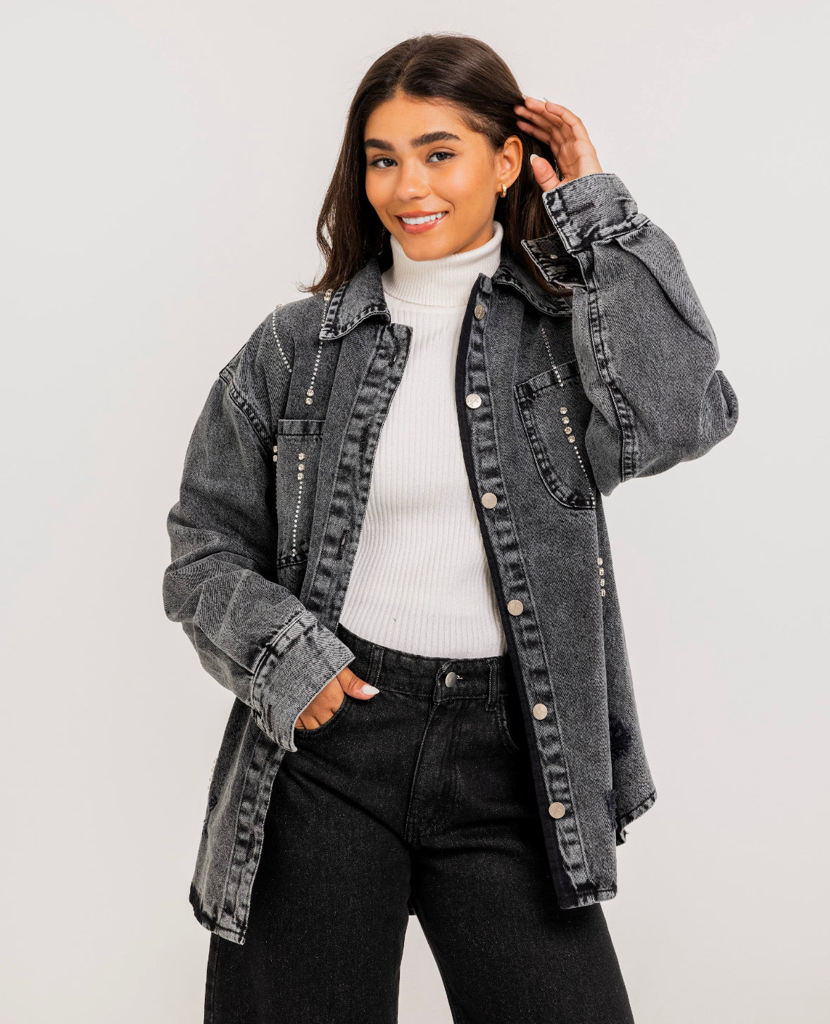 Black  Embellished Denim Shirt