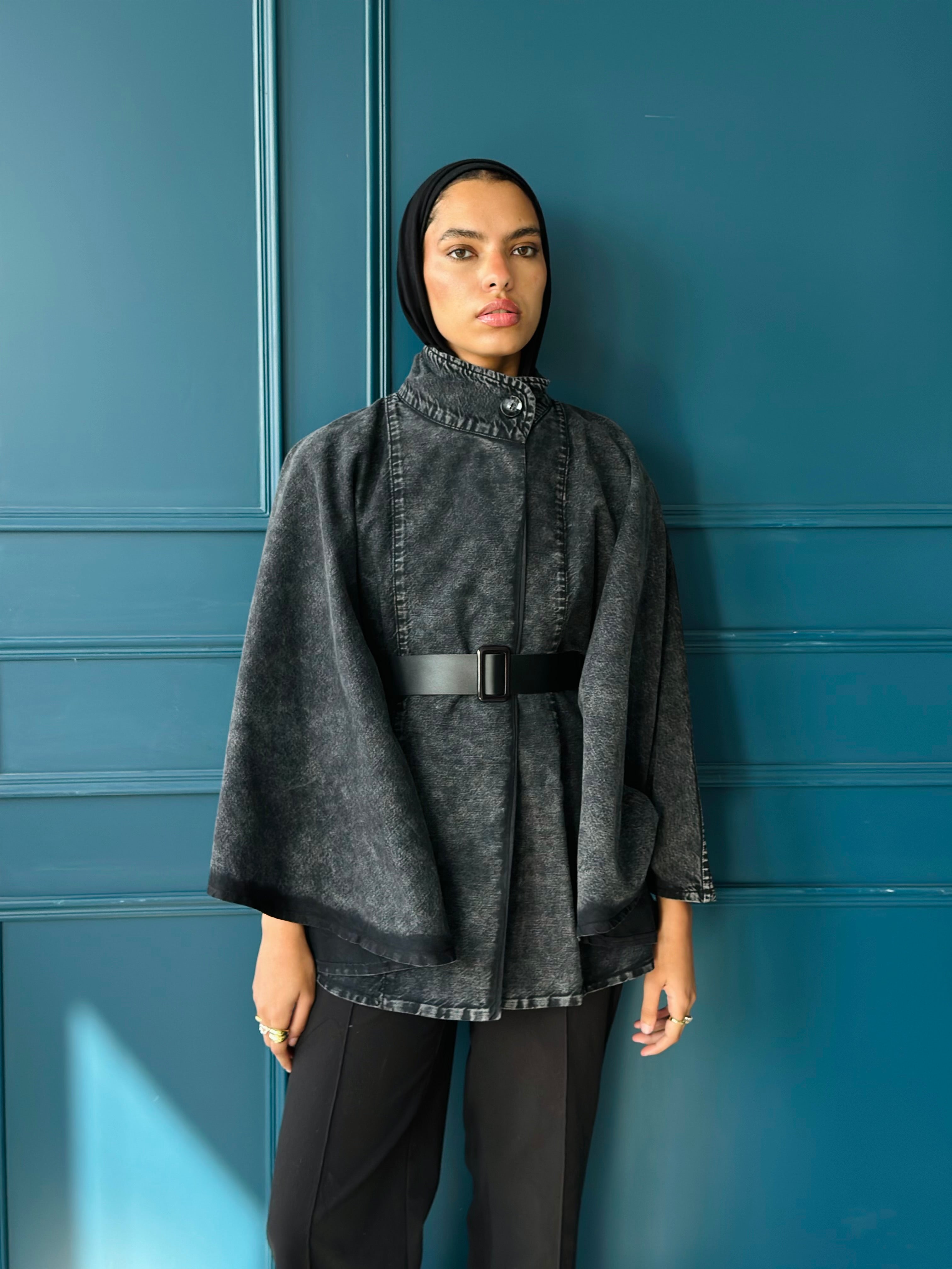 Washed Black Belted Denim Cape.