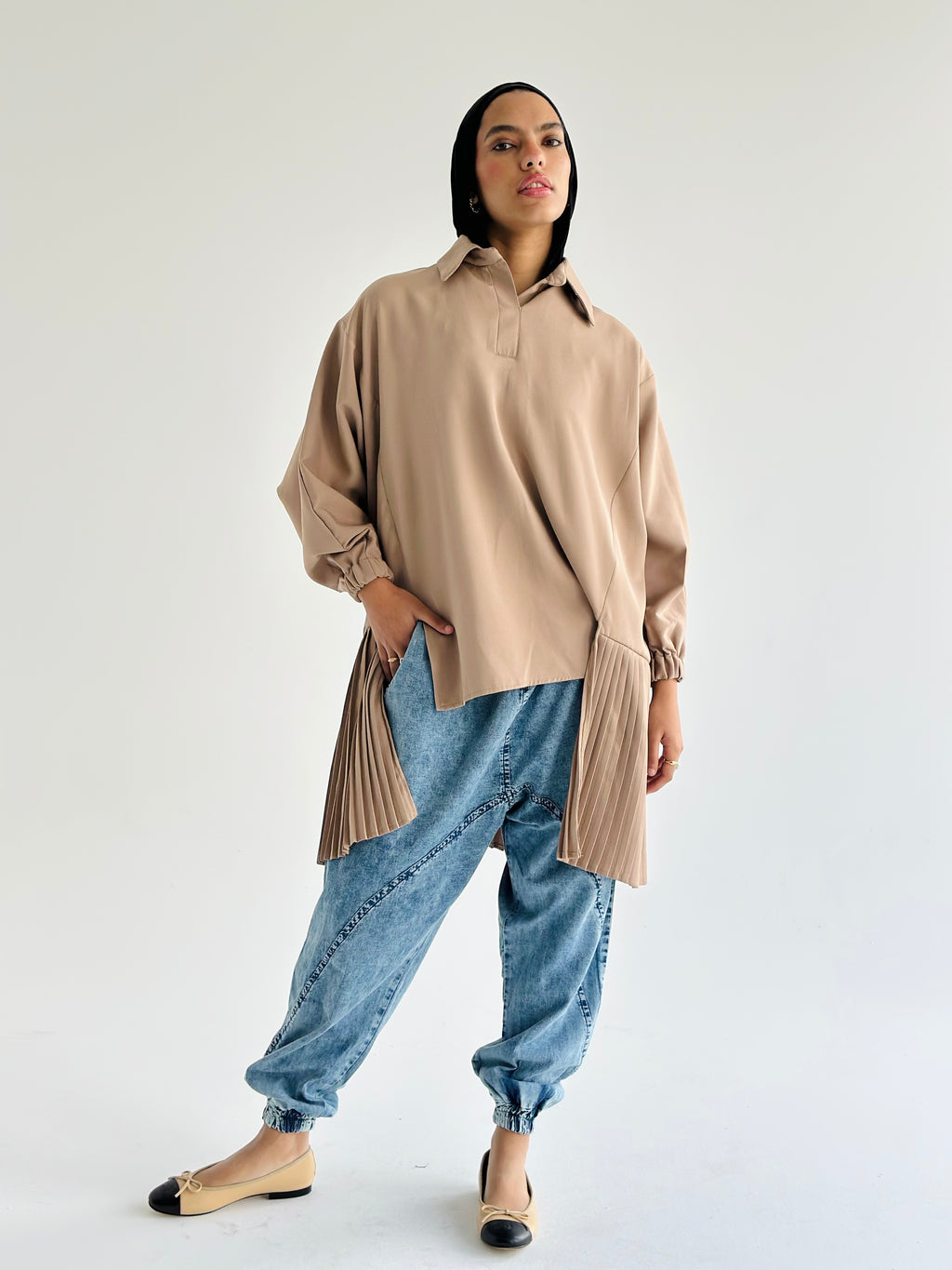 beige Pleated Top