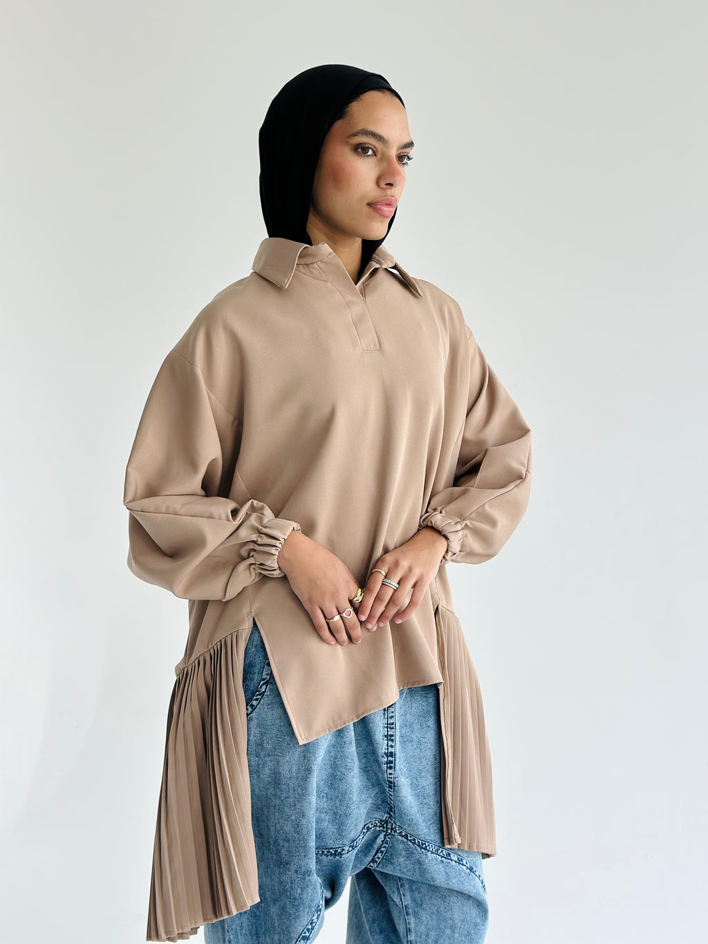 beige Pleated Top