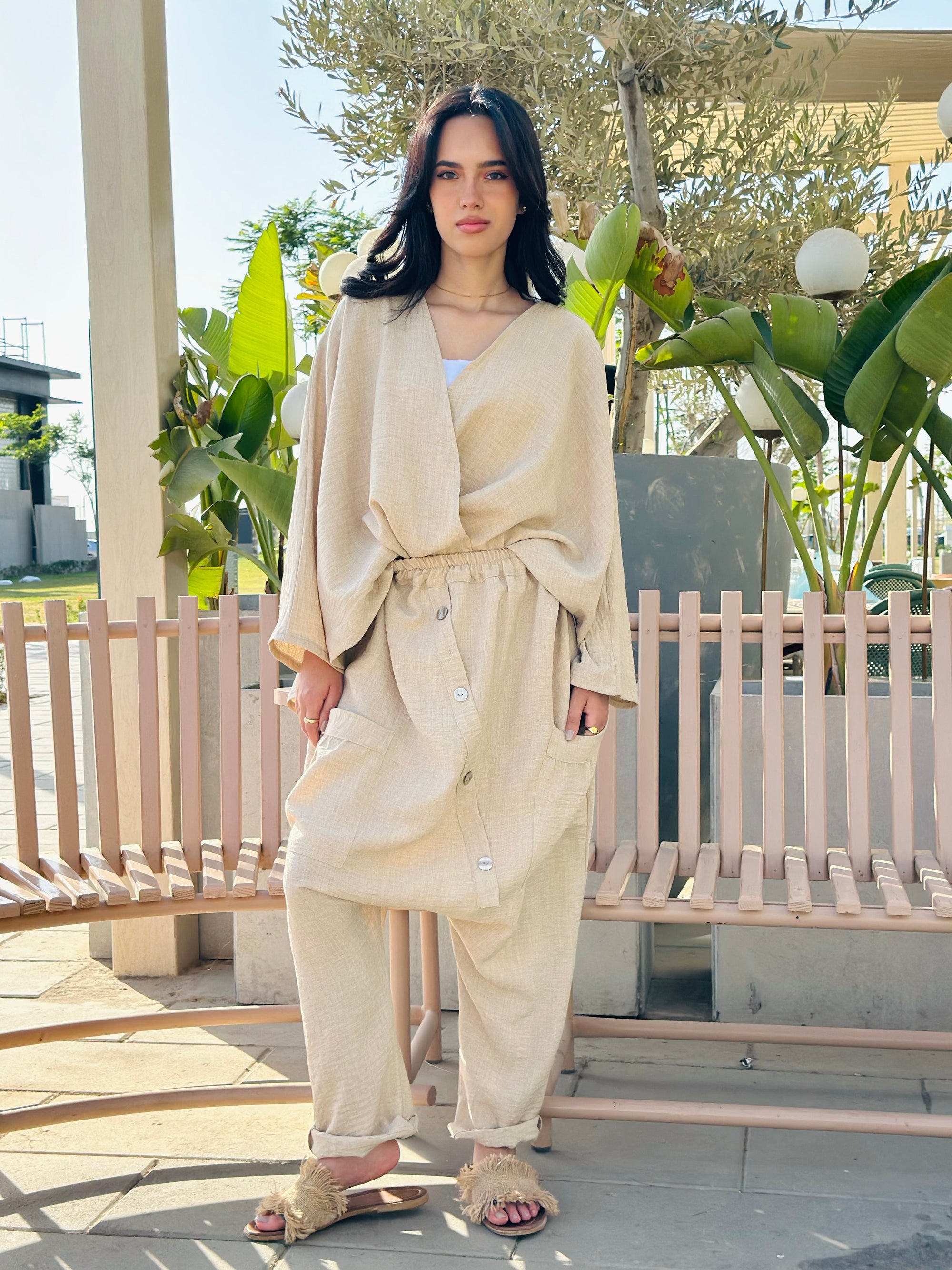 Beige Linen Harem Set