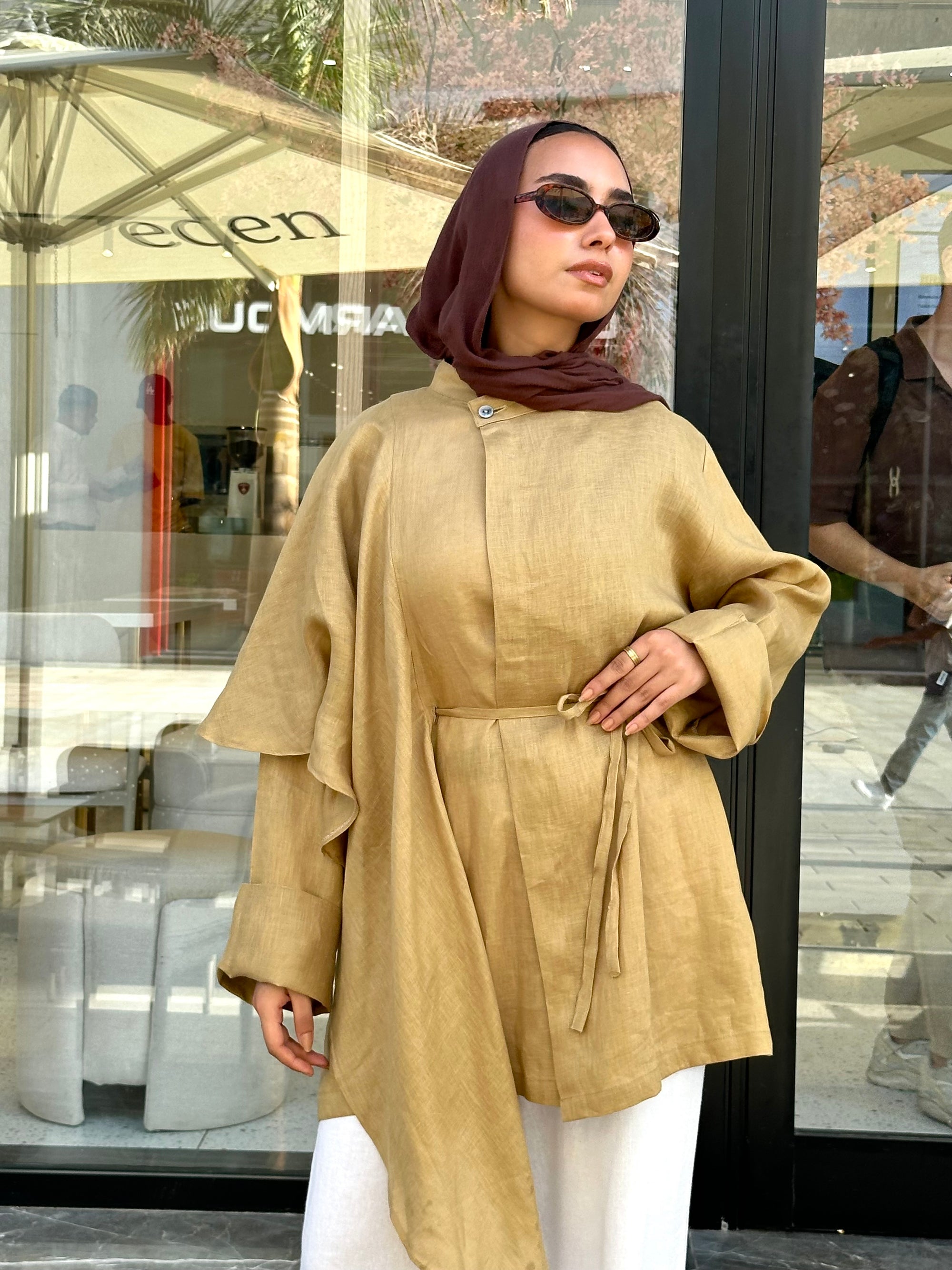 Beige Side Ruffle Linen Shirt