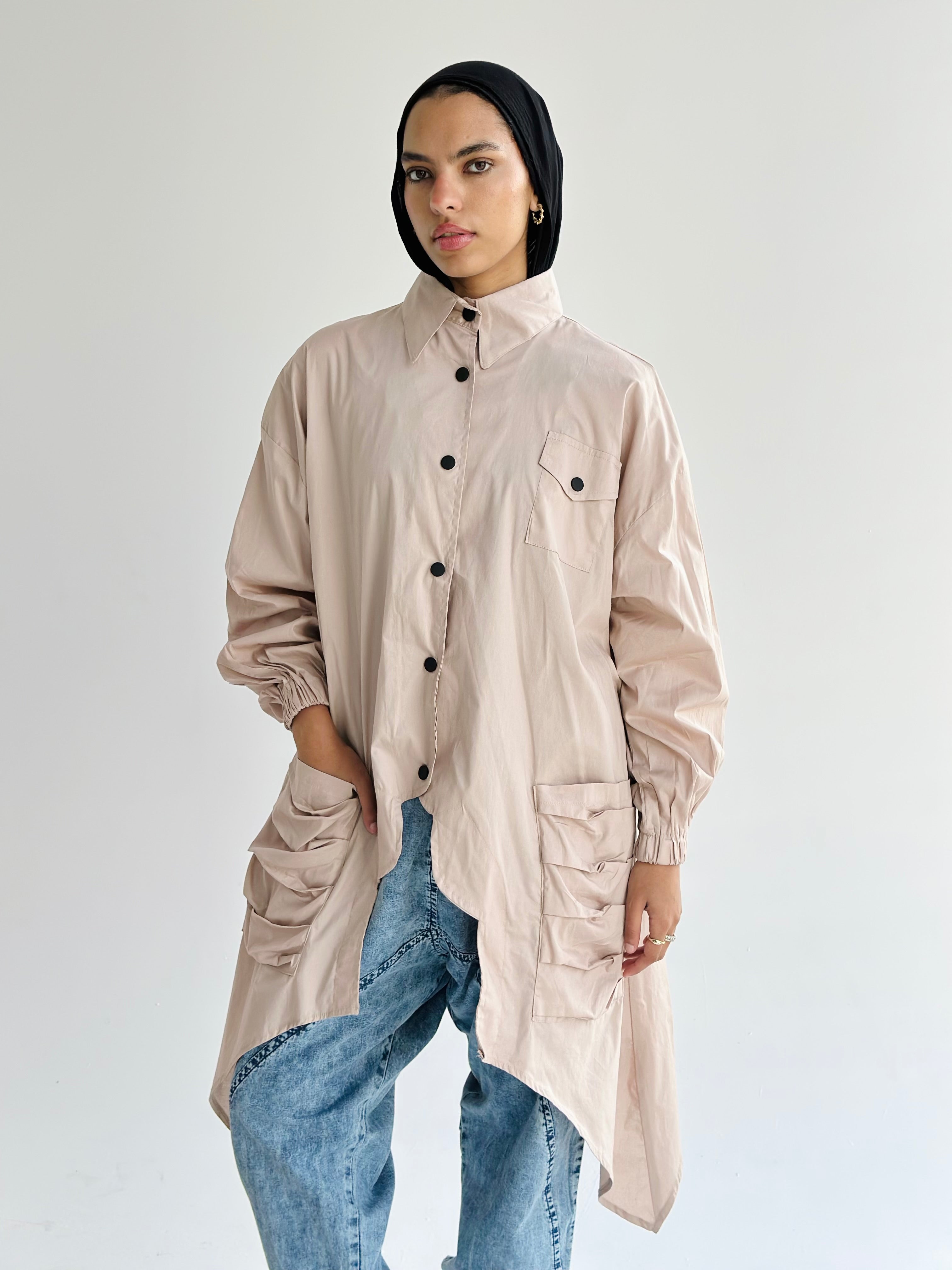 Beige Big Pockets Poplin Shirt