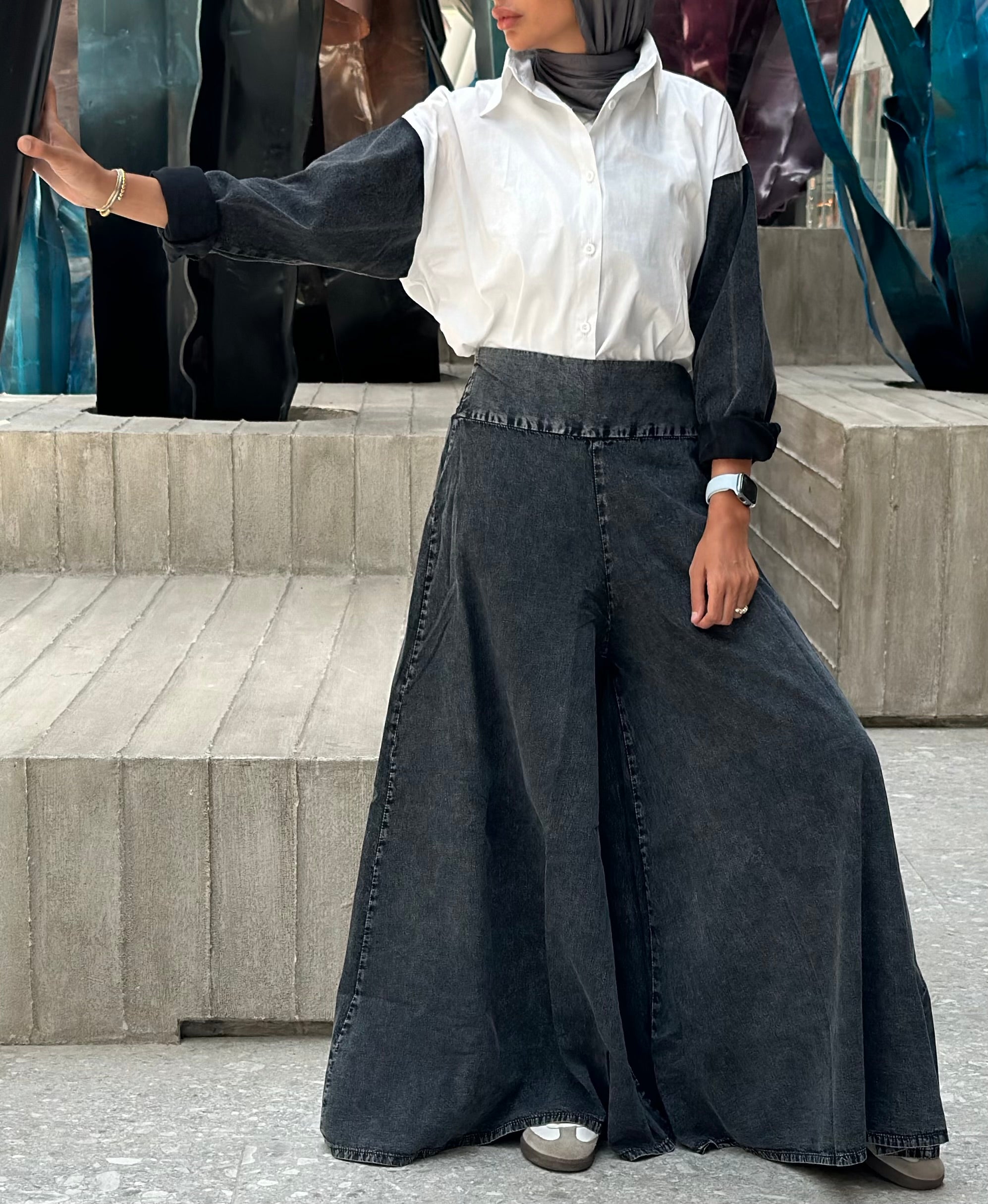 Washed Black Denim Palazzo Pants