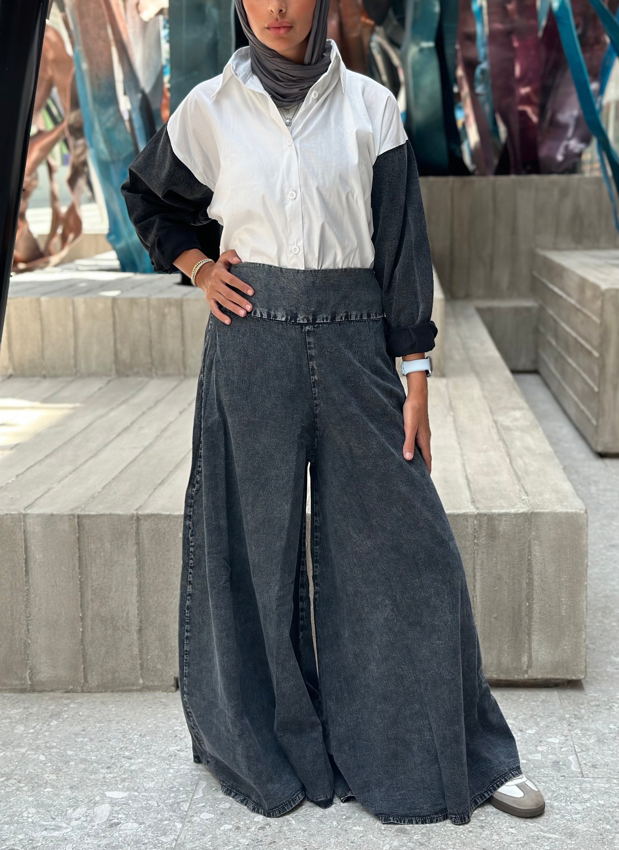 Washed Black Denim Palazzo Pants