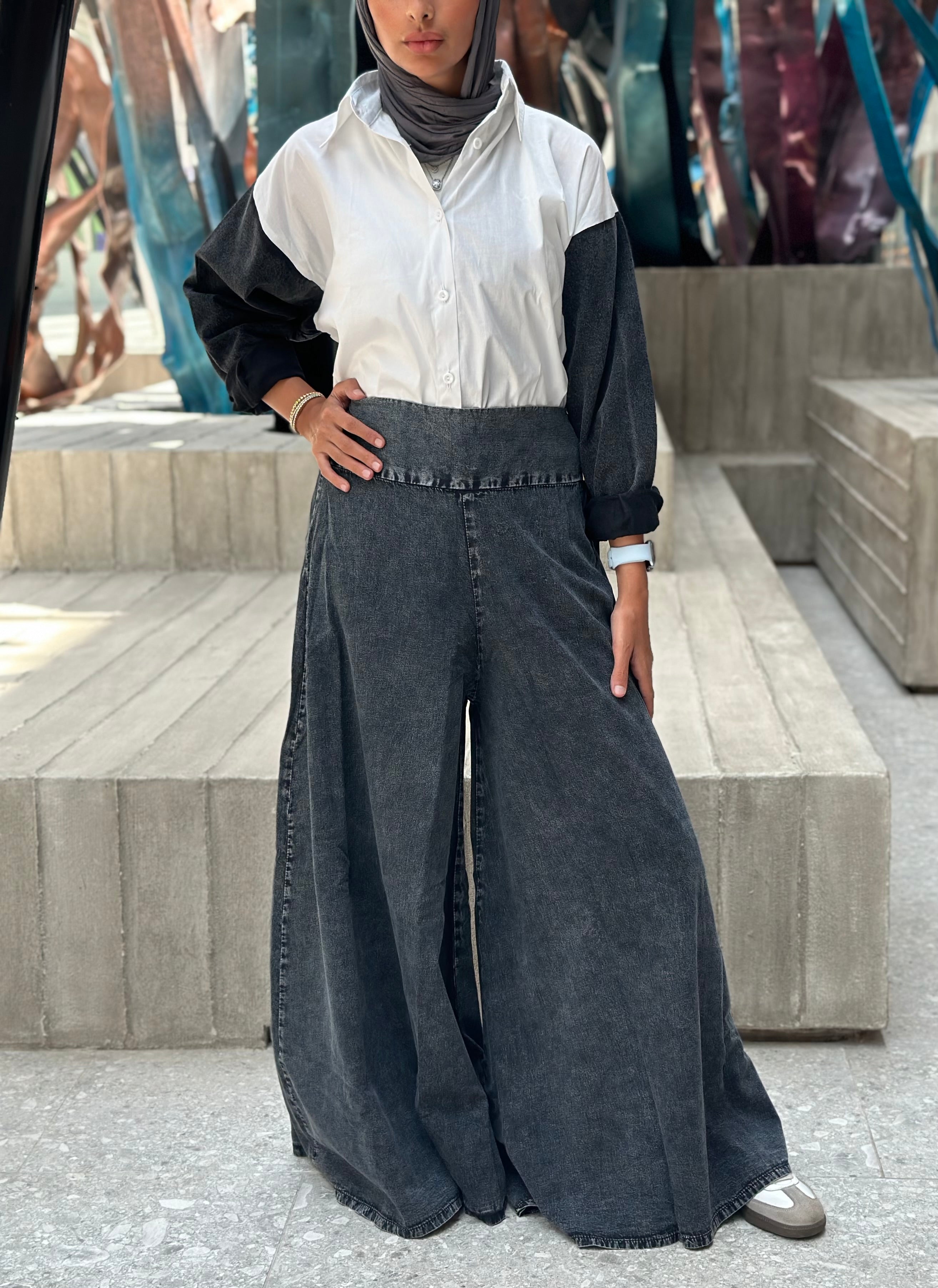 Washed Black Denim Palazzo Pants