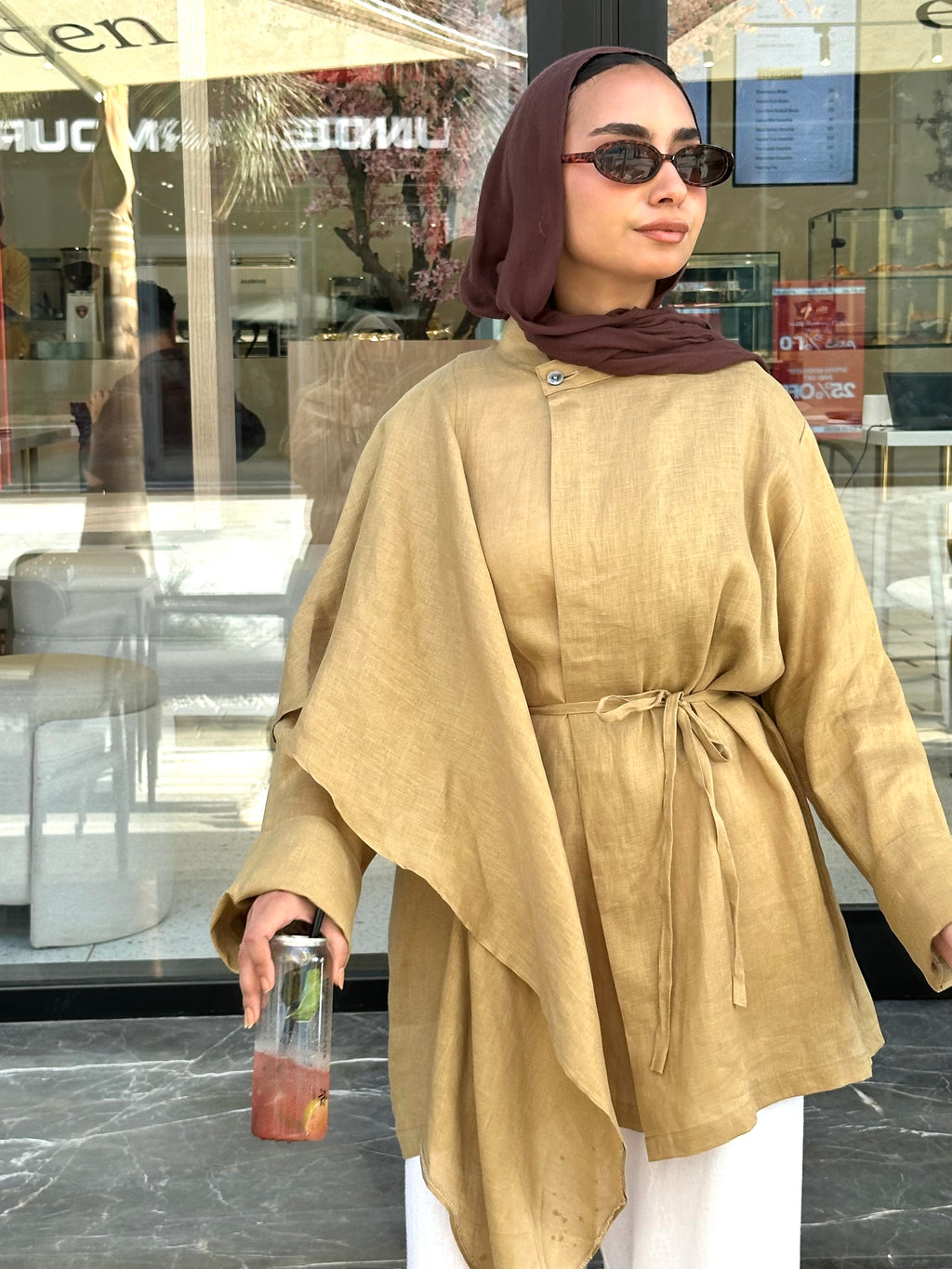 Beige Side Ruffle Linen Shirt