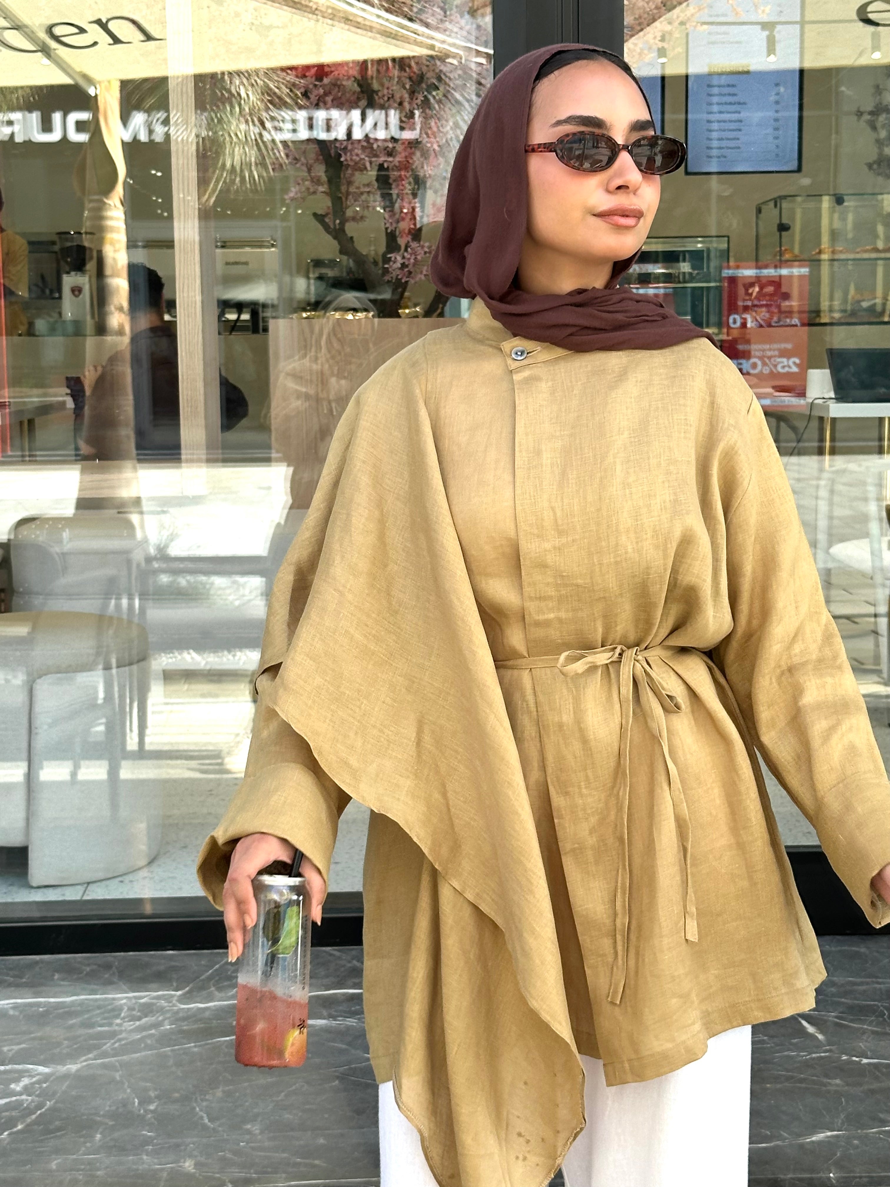 Beige Side Ruffle Linen Shirt