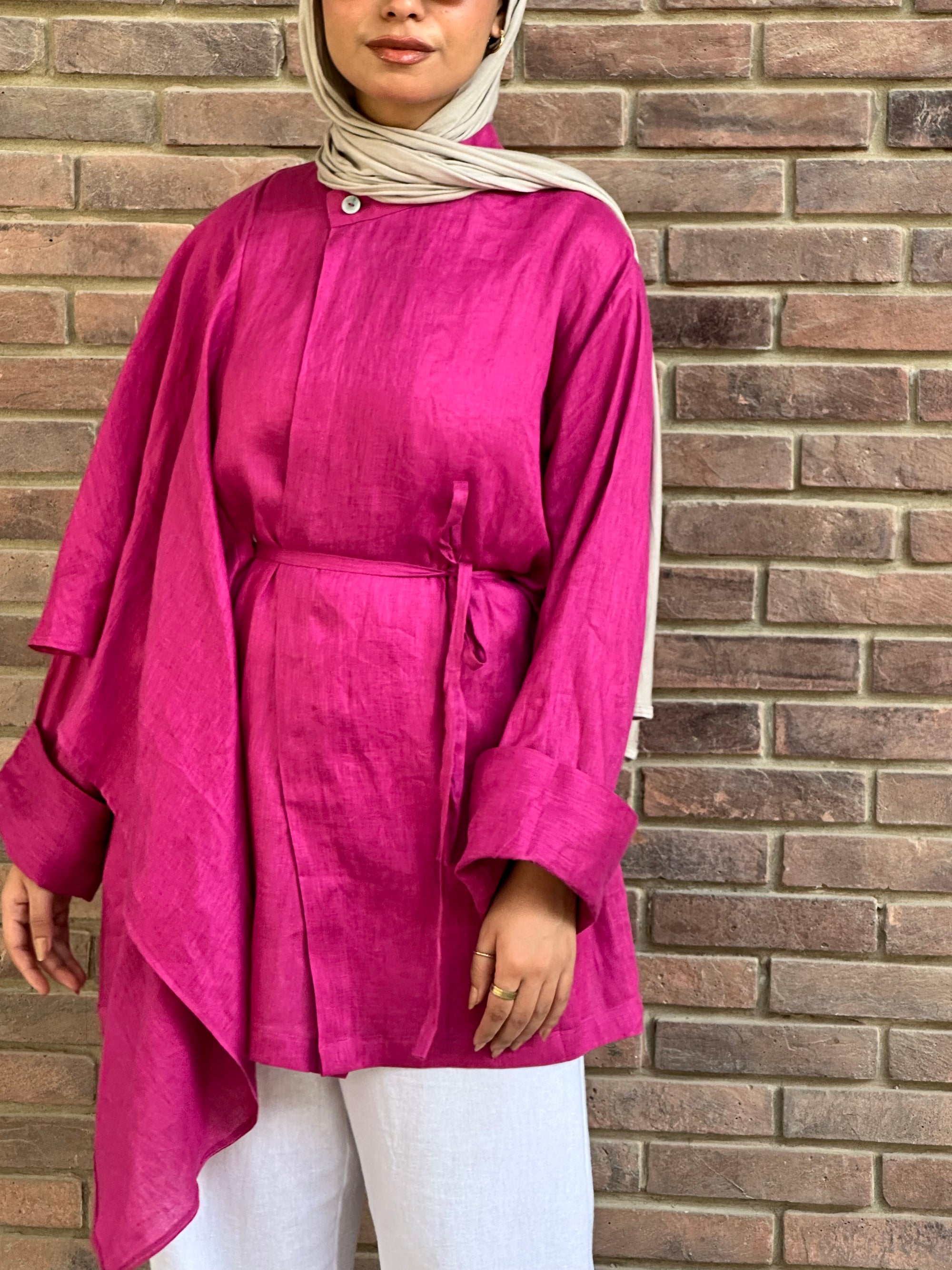 Fushia Side Ruffle Linen Shirt