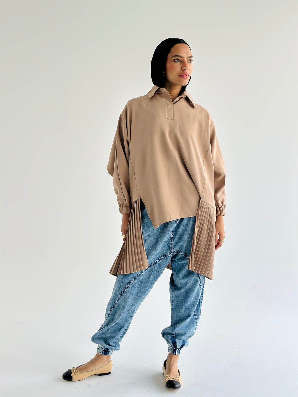 beige Pleated Top