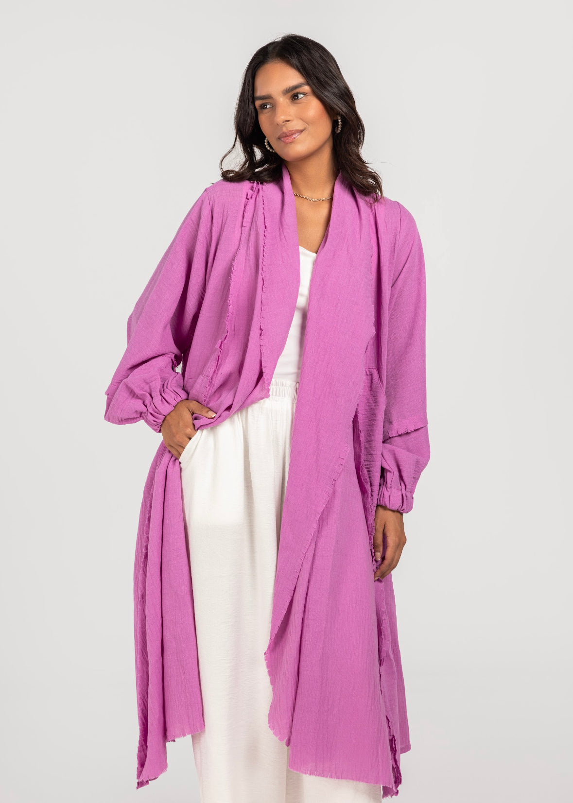 Pinkish Linen Fringes Cardigan