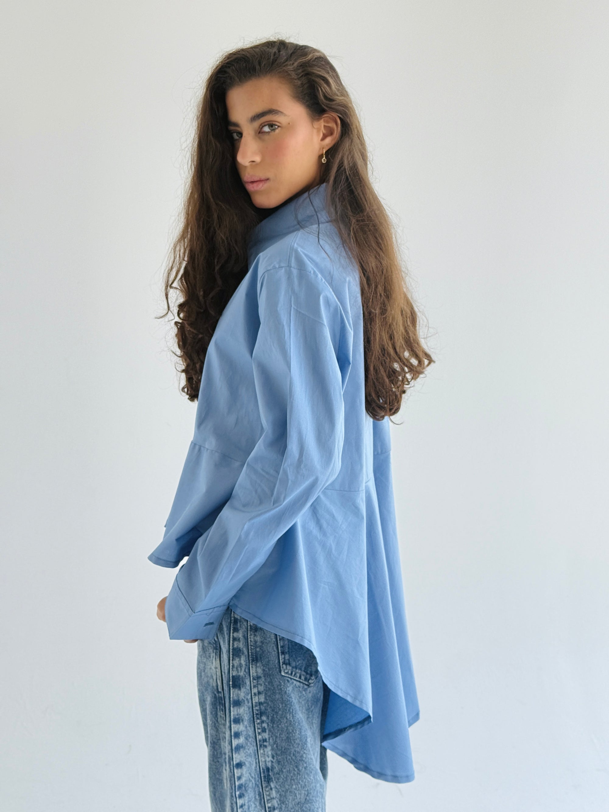 Blue Round Ruffled Poplin Shirt