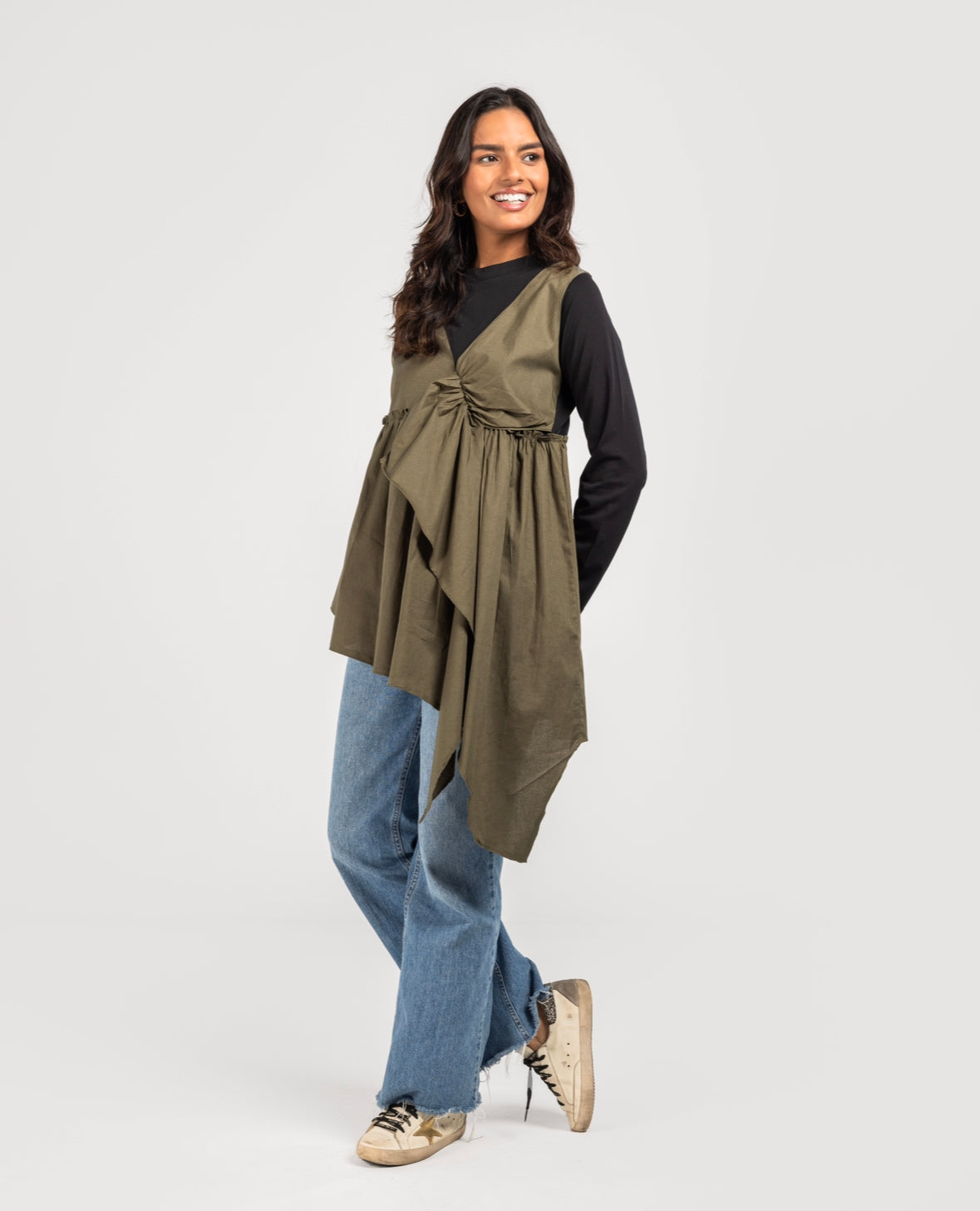 Black Cotton x Olive Poplin Layered Top