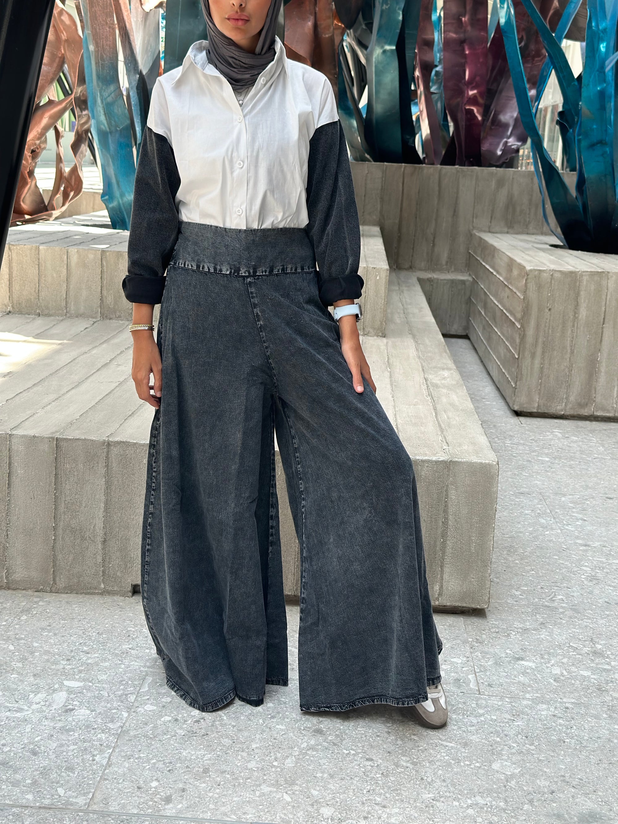 Washed Black Denim Palazzo Pants
