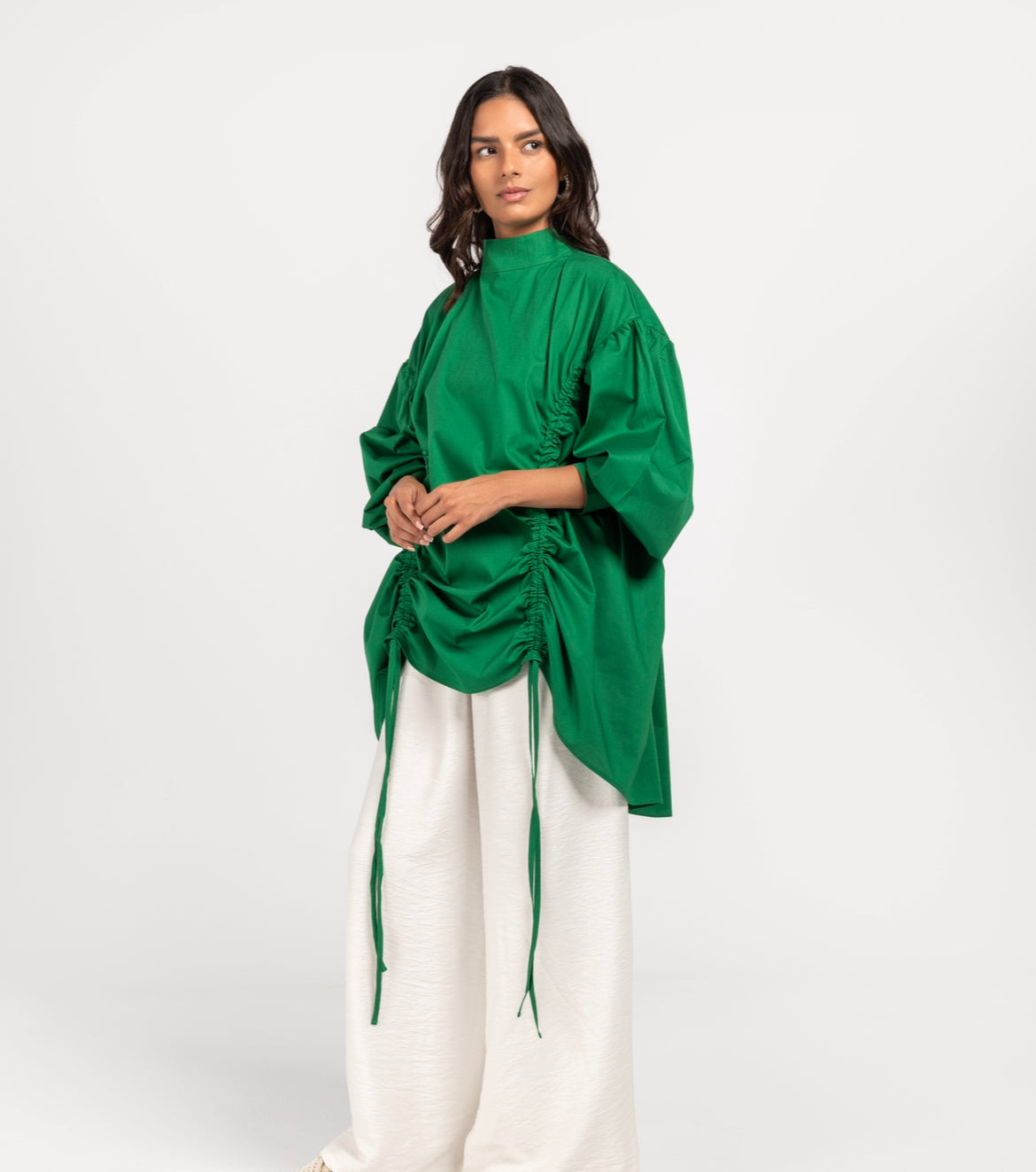 Green Drawstring Poplin Shirt