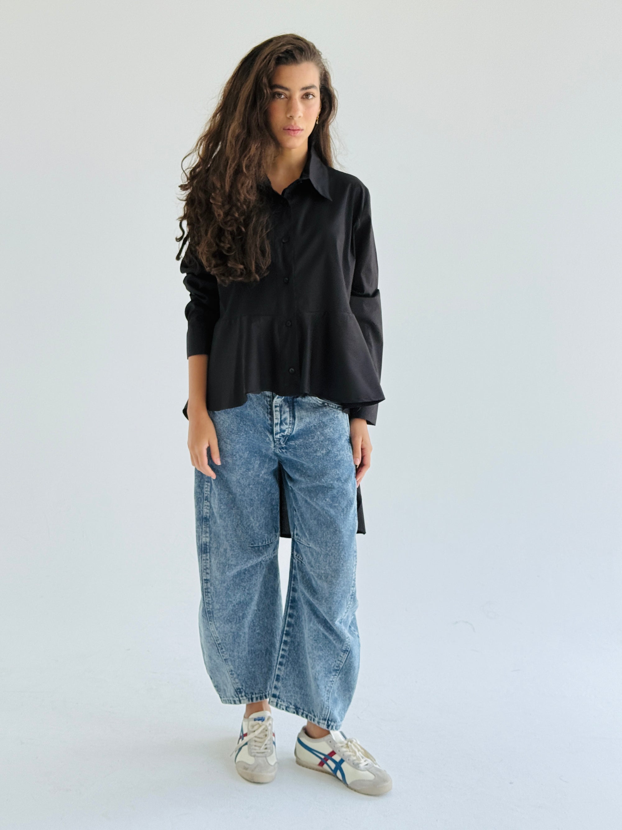 Black Round Ruffled Poplin Shirt