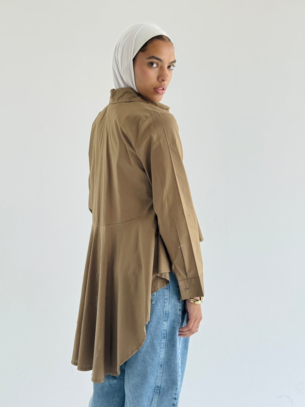 Brown Round Ruffled Poplin Shirt