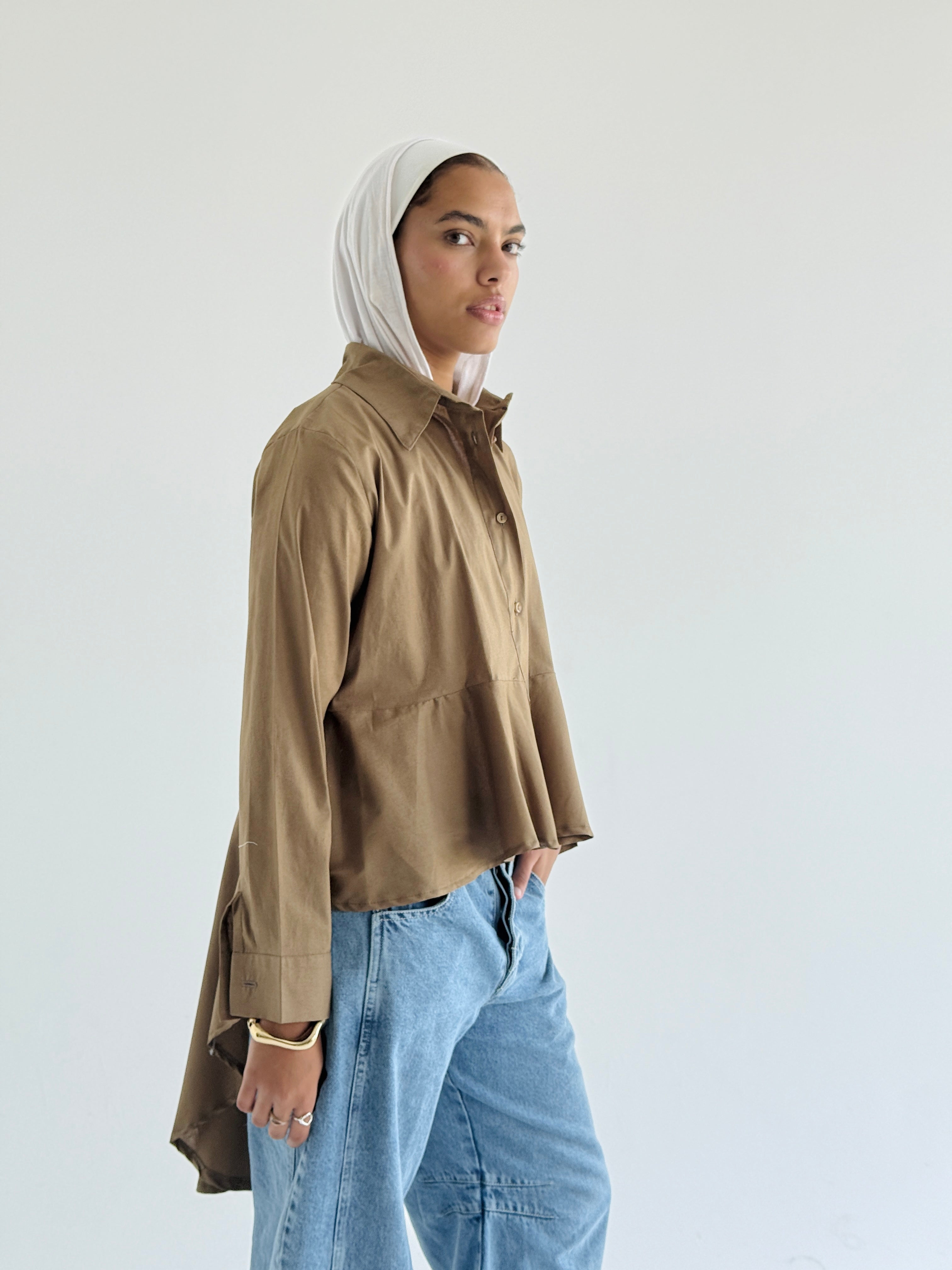 Brown Round Ruffled Poplin Shirt