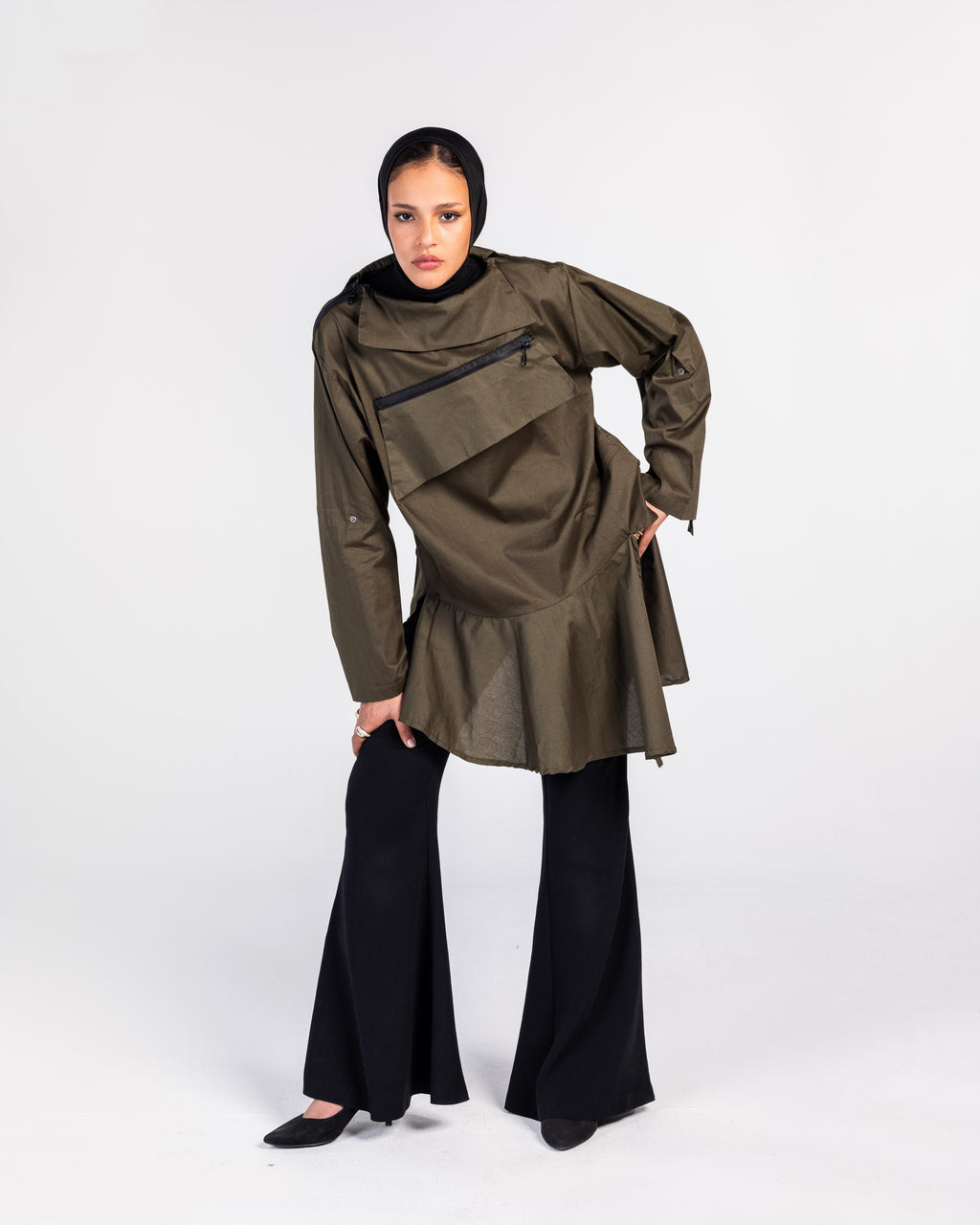 Olive Zipper Poplin Shirt