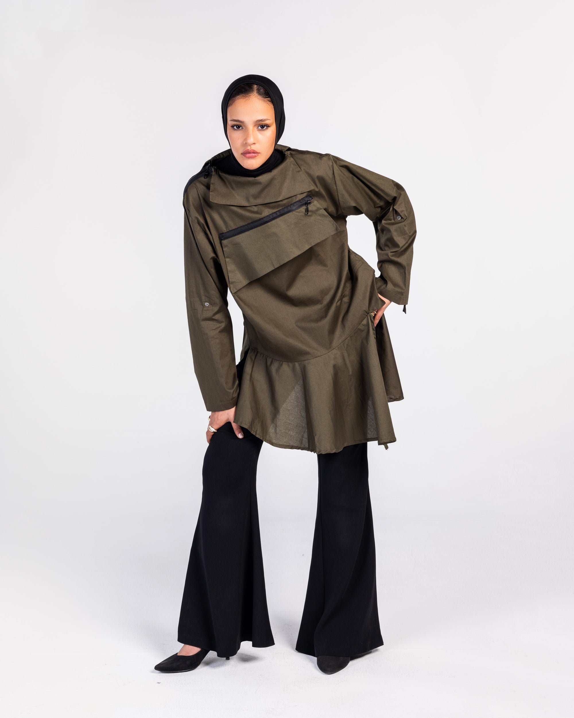 Olive Zipper Poplin Shirt