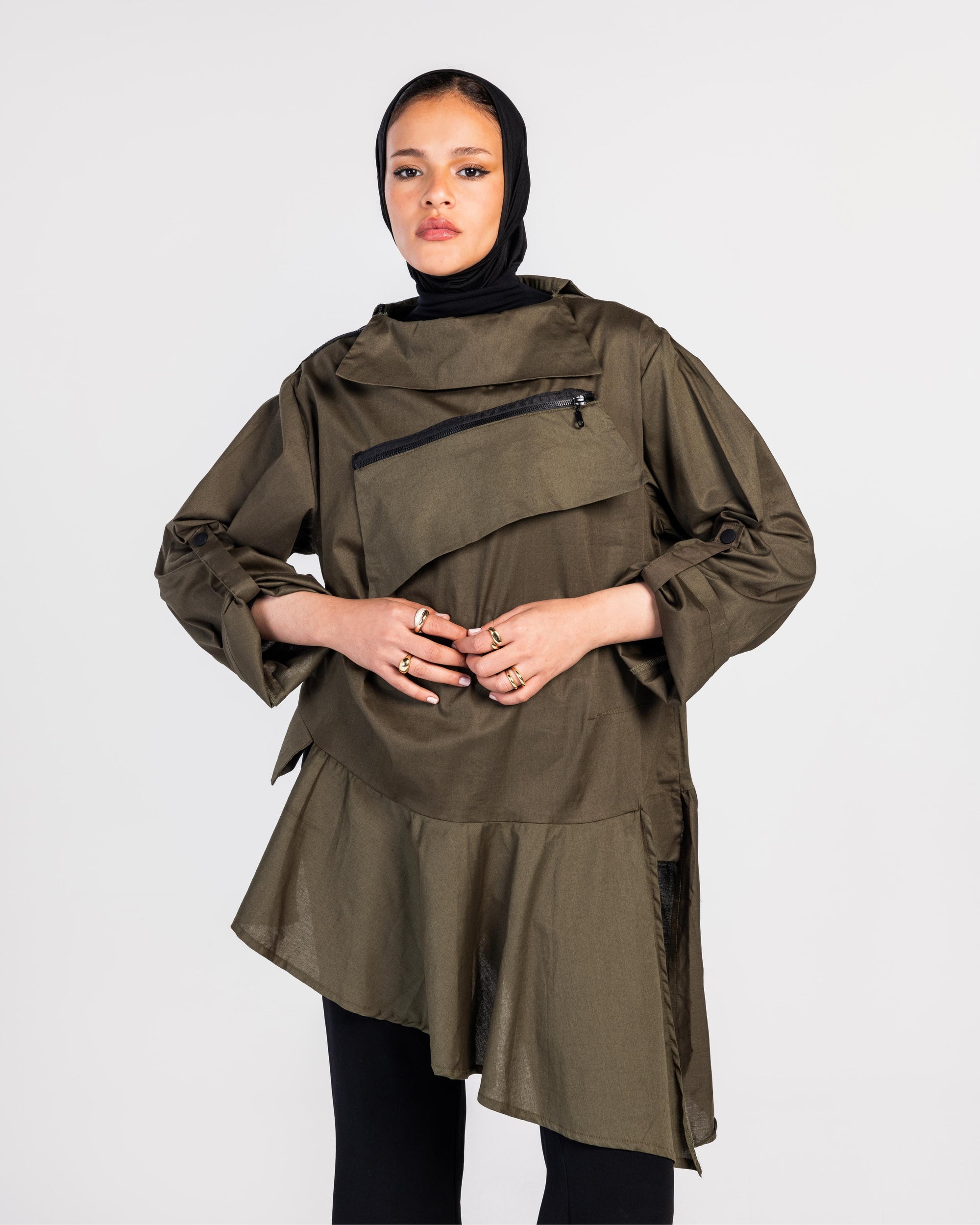 Olive Zipper Poplin Shirt