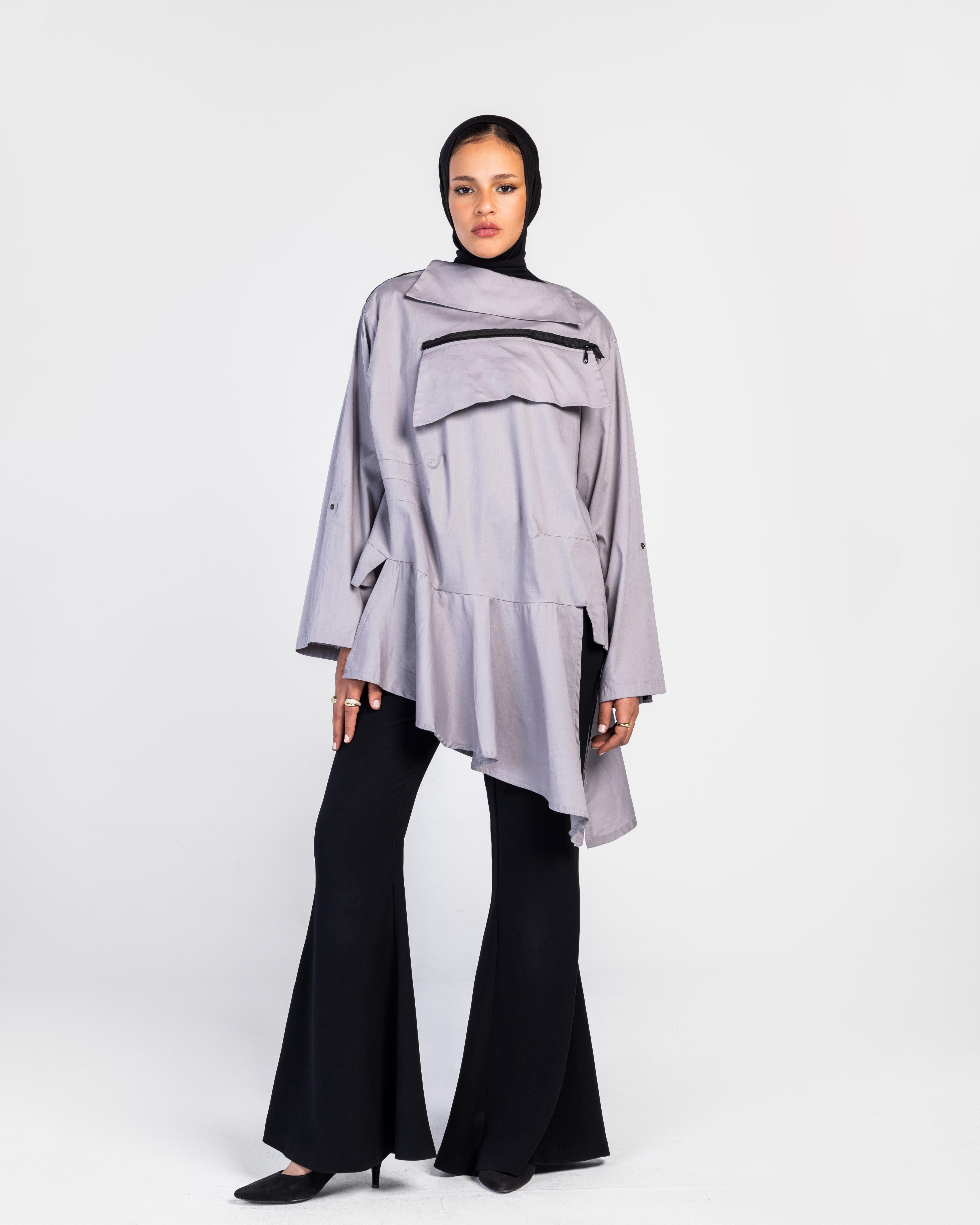 Grey Zipper Poplin Shirt