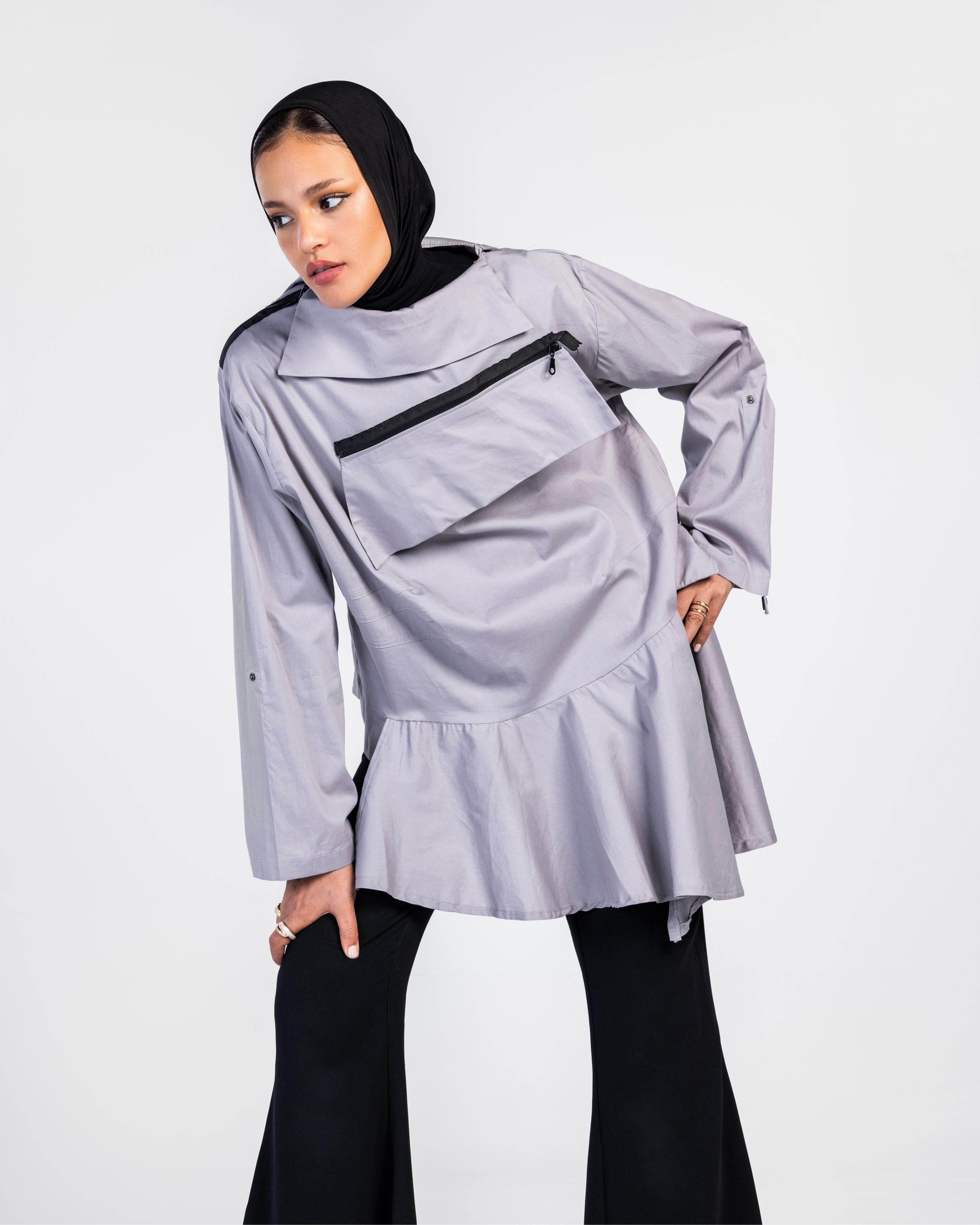 Grey Zipper Poplin Shirt