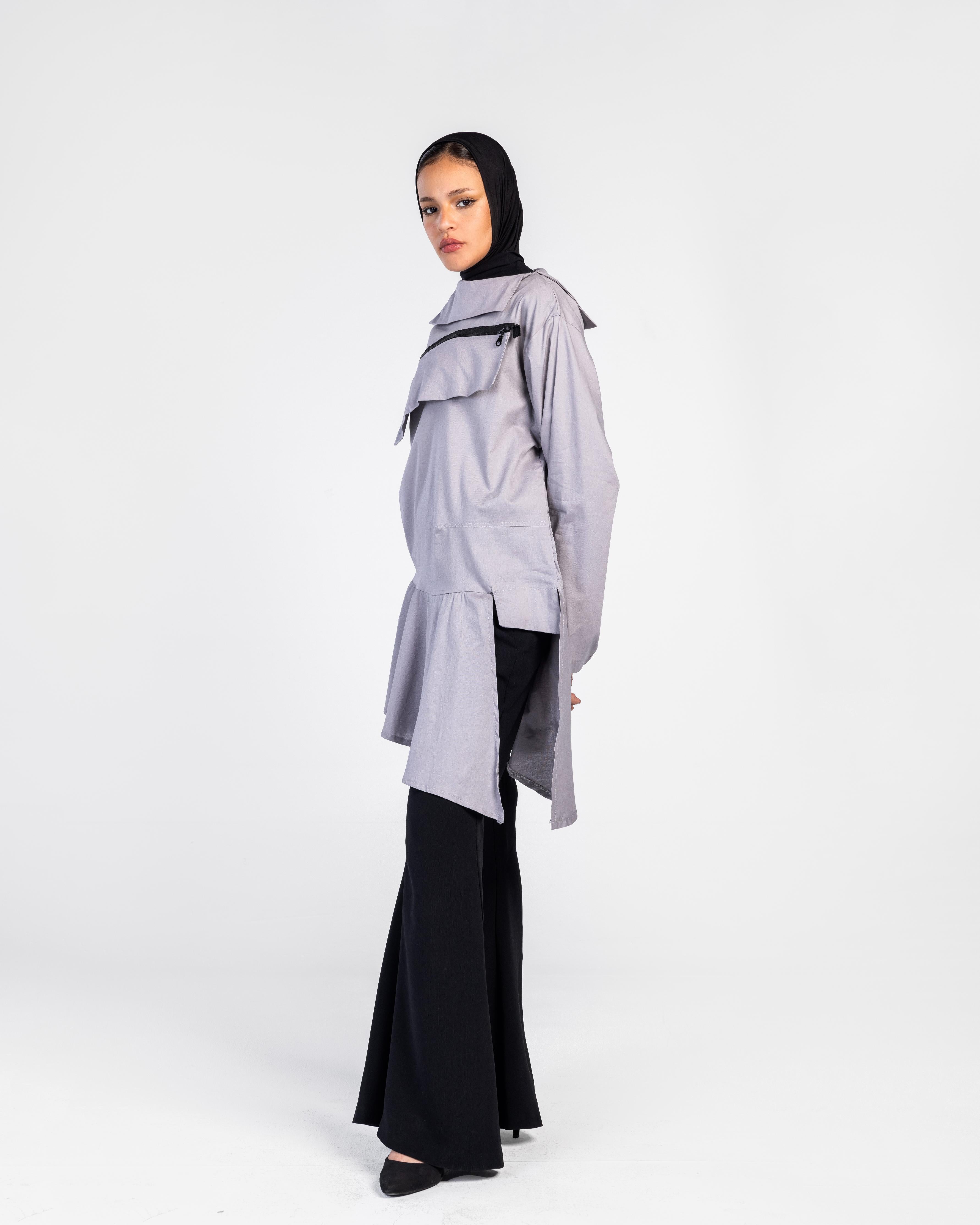 Grey Zipper Poplin Shirt