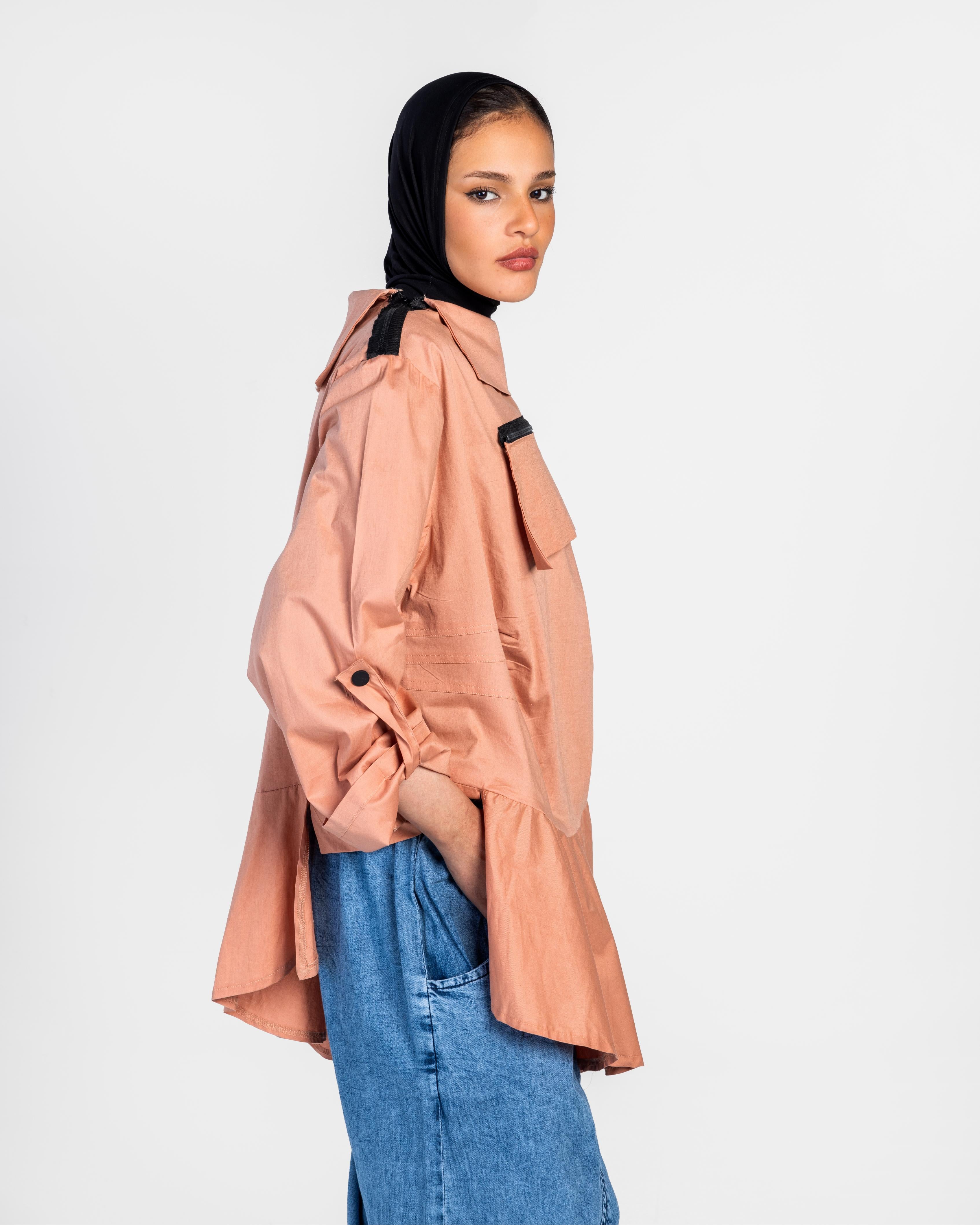 Peach Zipper Poplin Shirt