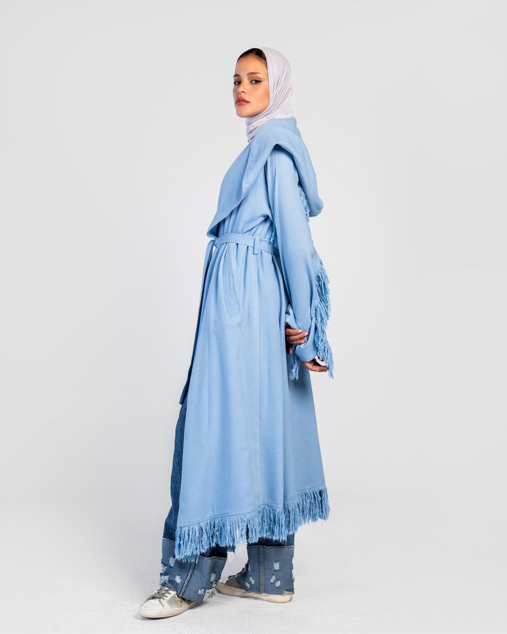Light Blue Longline Fringes Cardigan