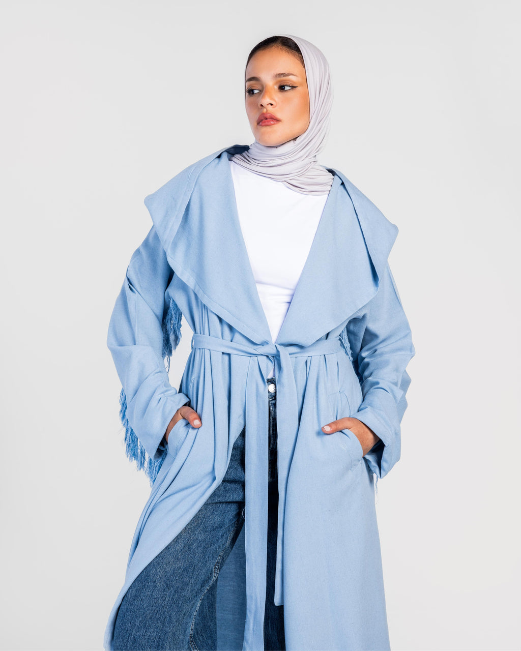 Light Blue Longline Fringes Cardigan