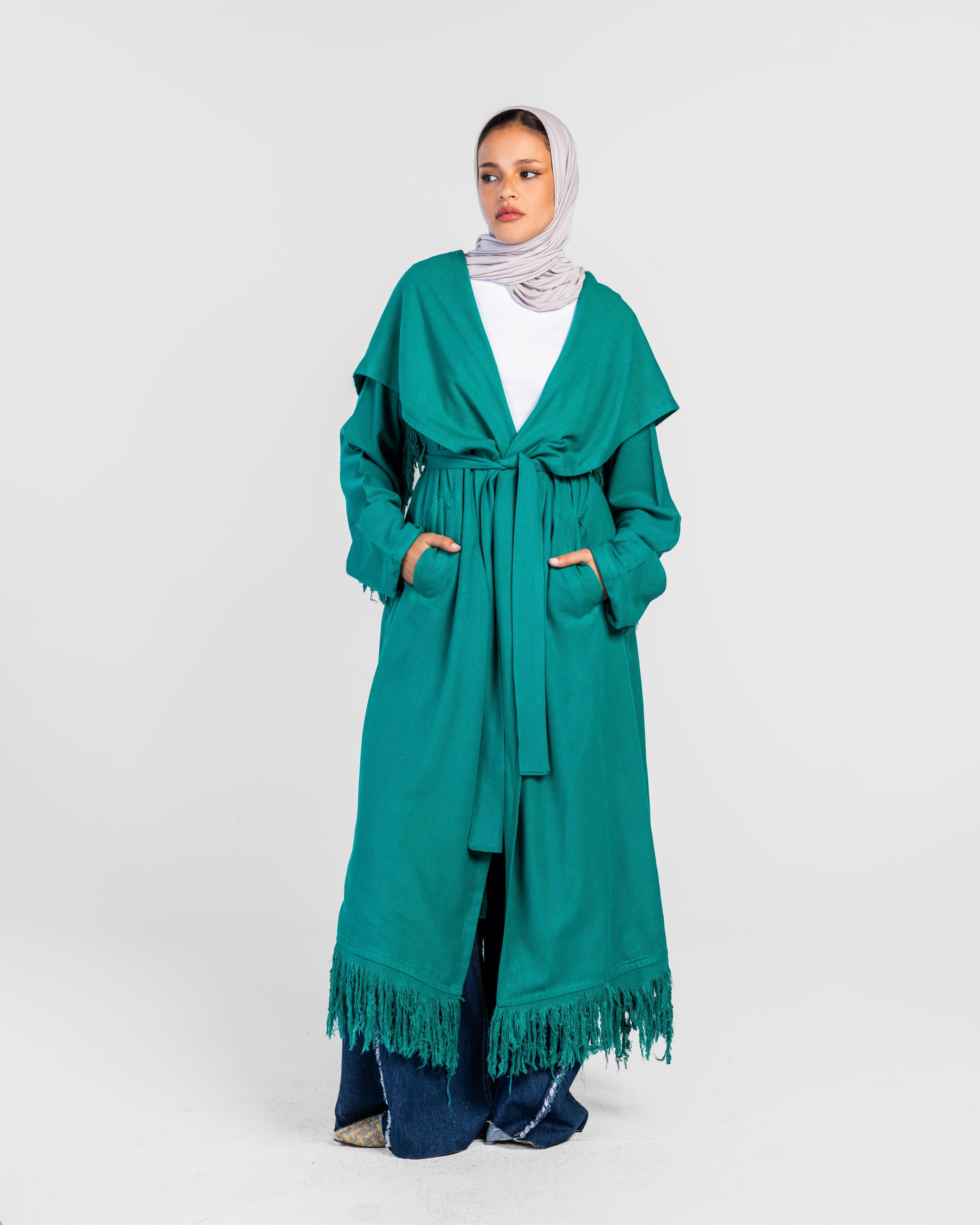 Green Longline Fringes Cardigan