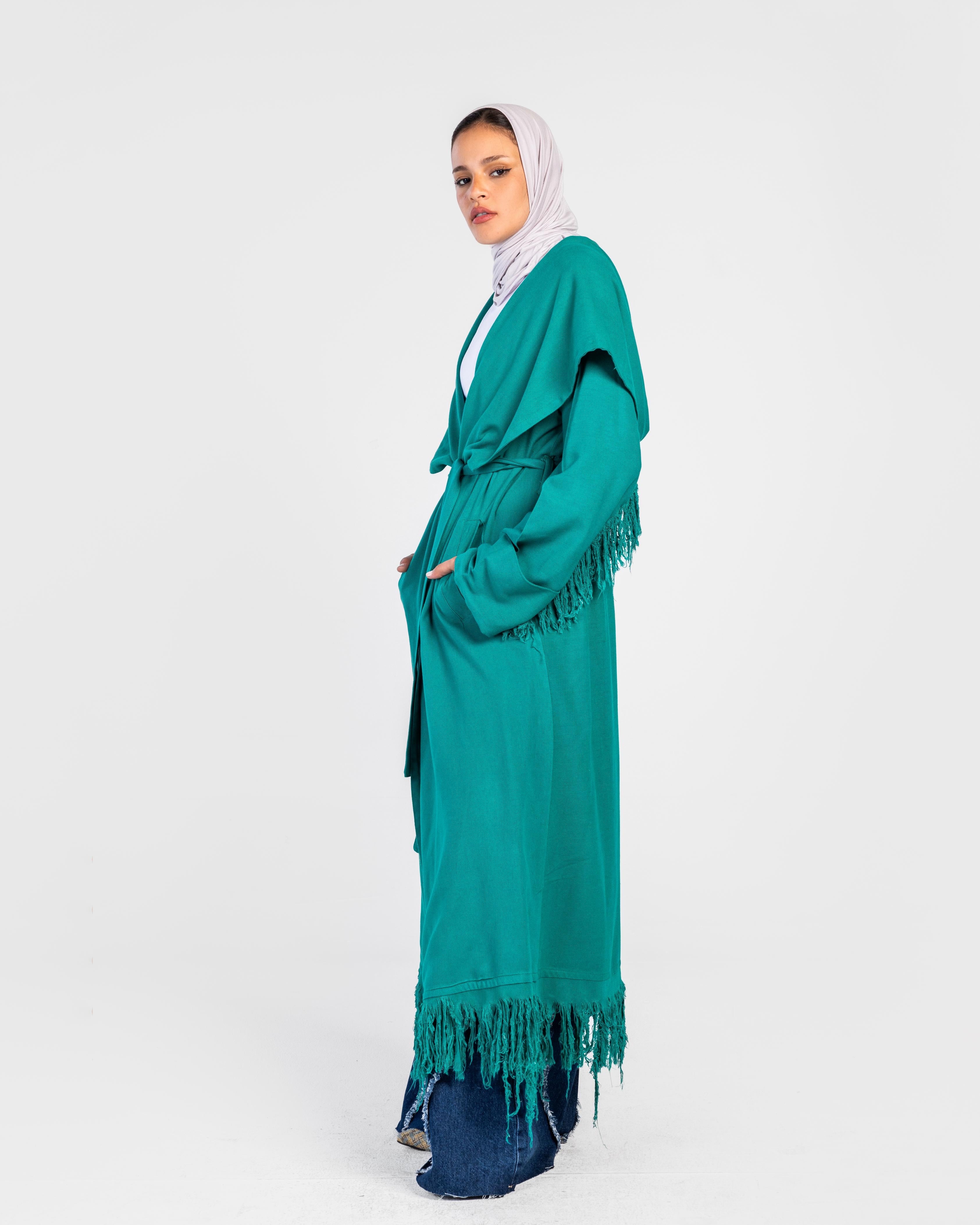 Green Longline Fringes Cardigan
