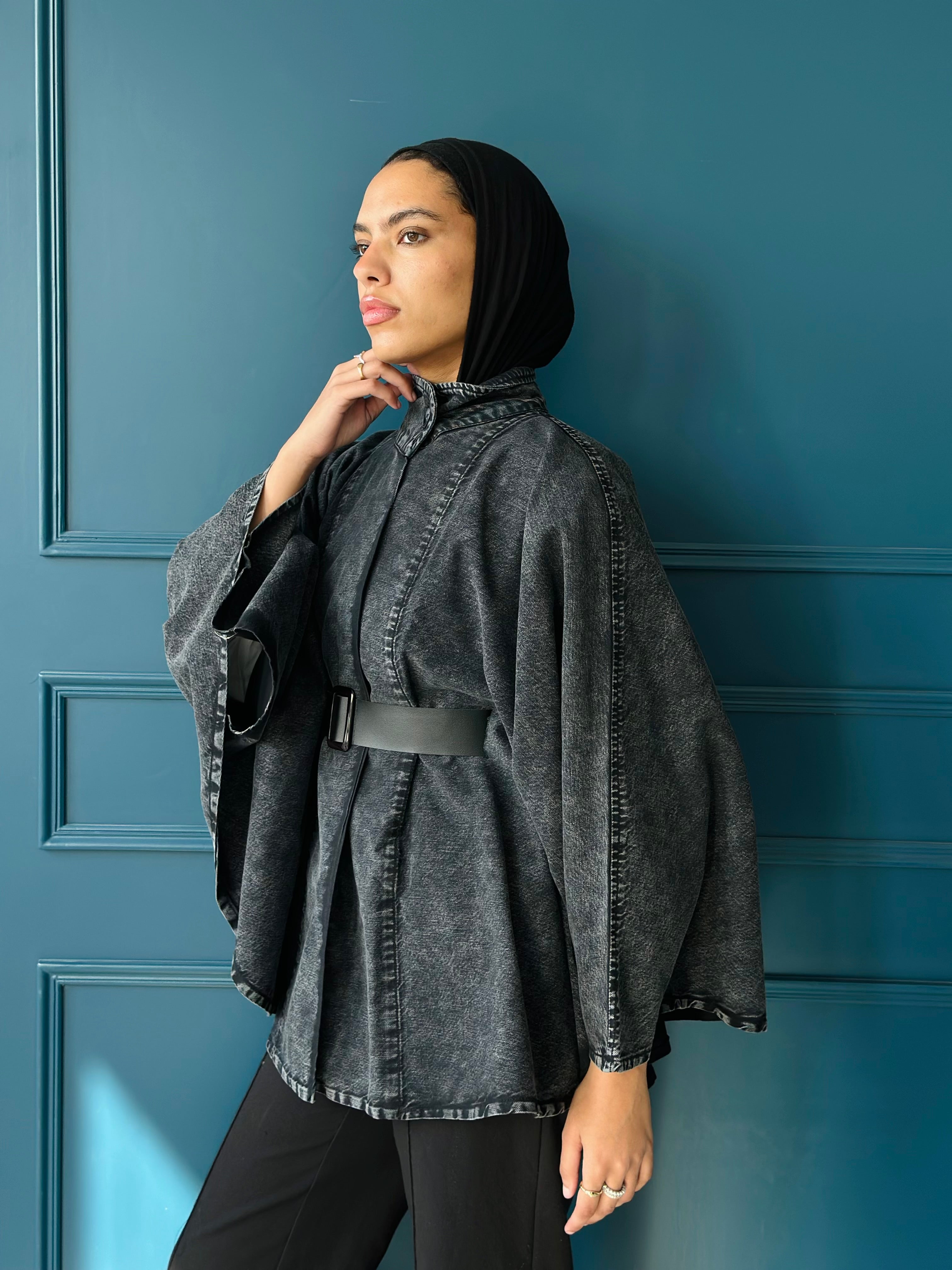 Washed Black Belted Denim Cape.