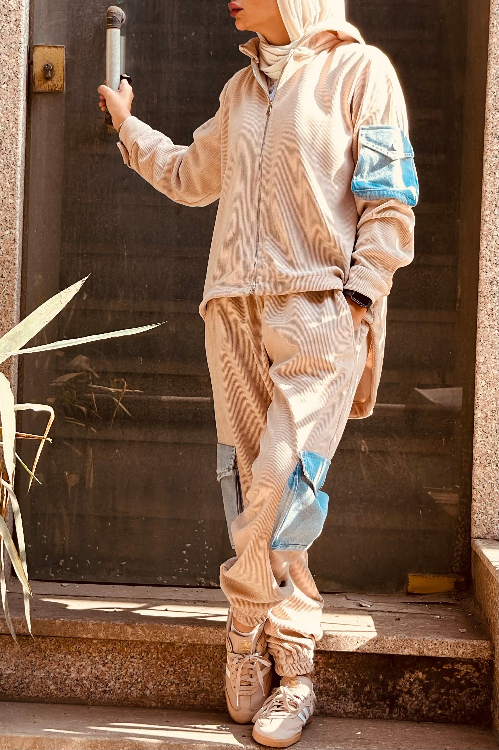 Beige Cargo Denim Set