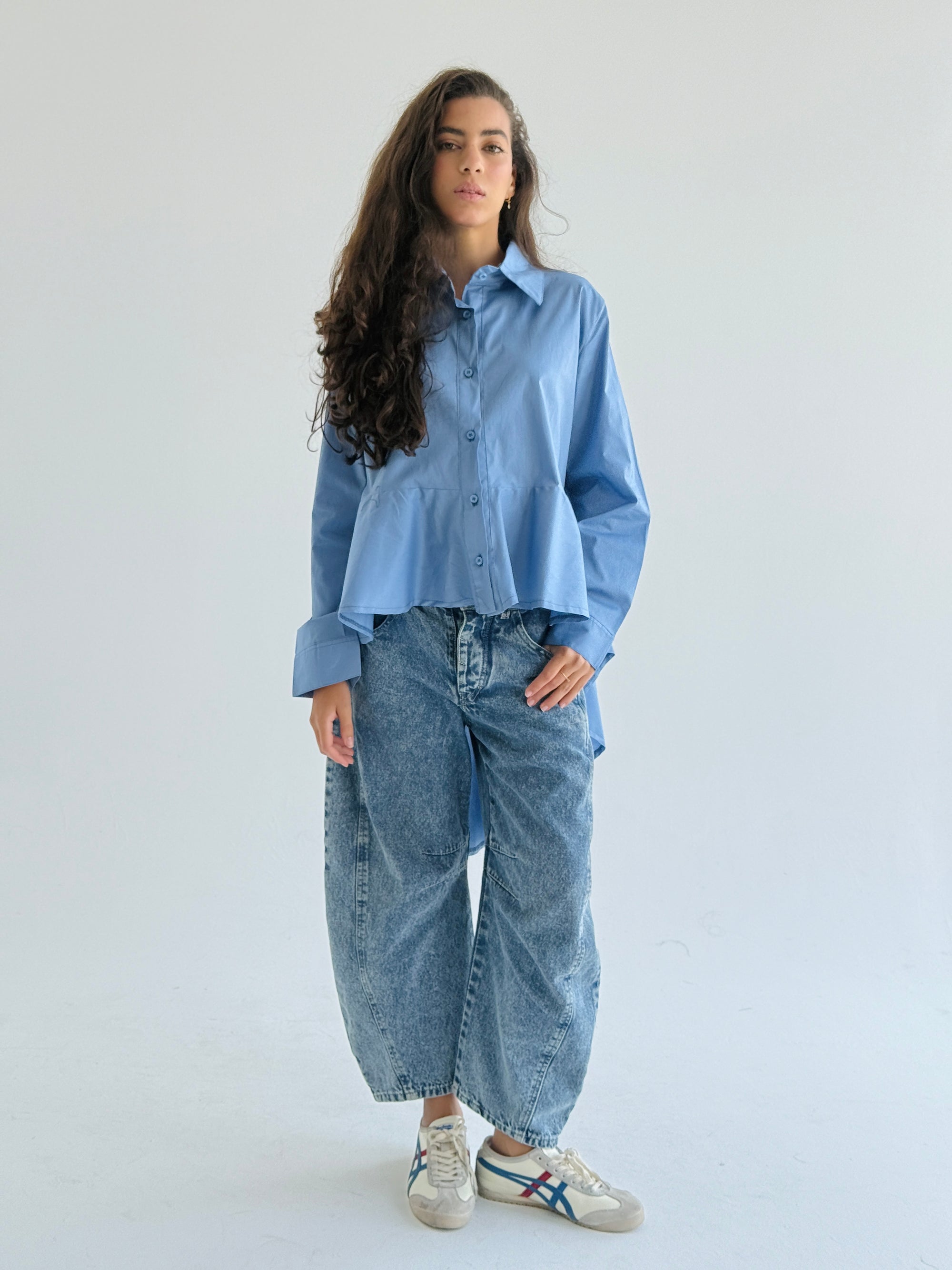 Blue Round Ruffled Poplin Shirt