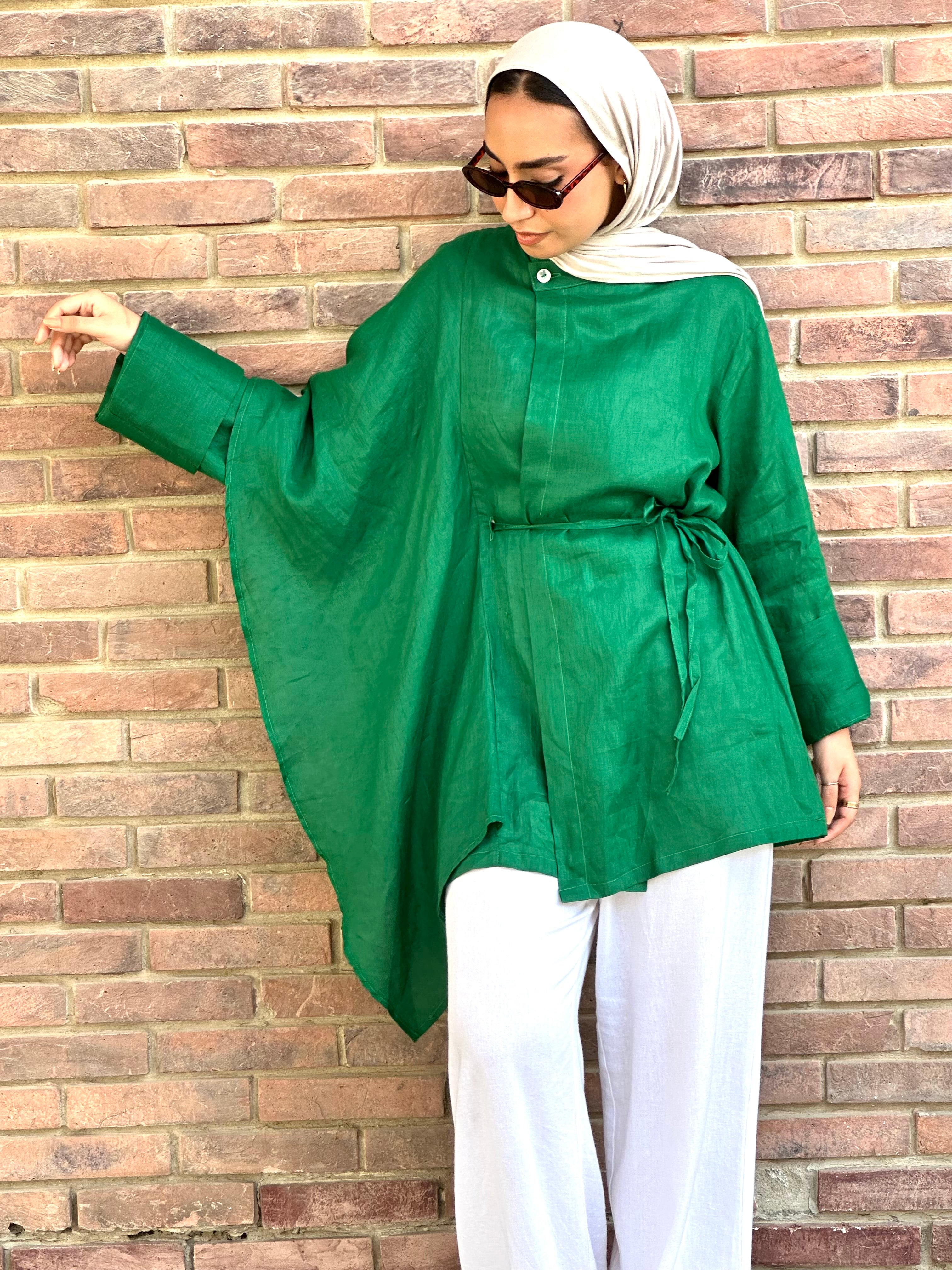 Green Side Ruffle Linen Shirt