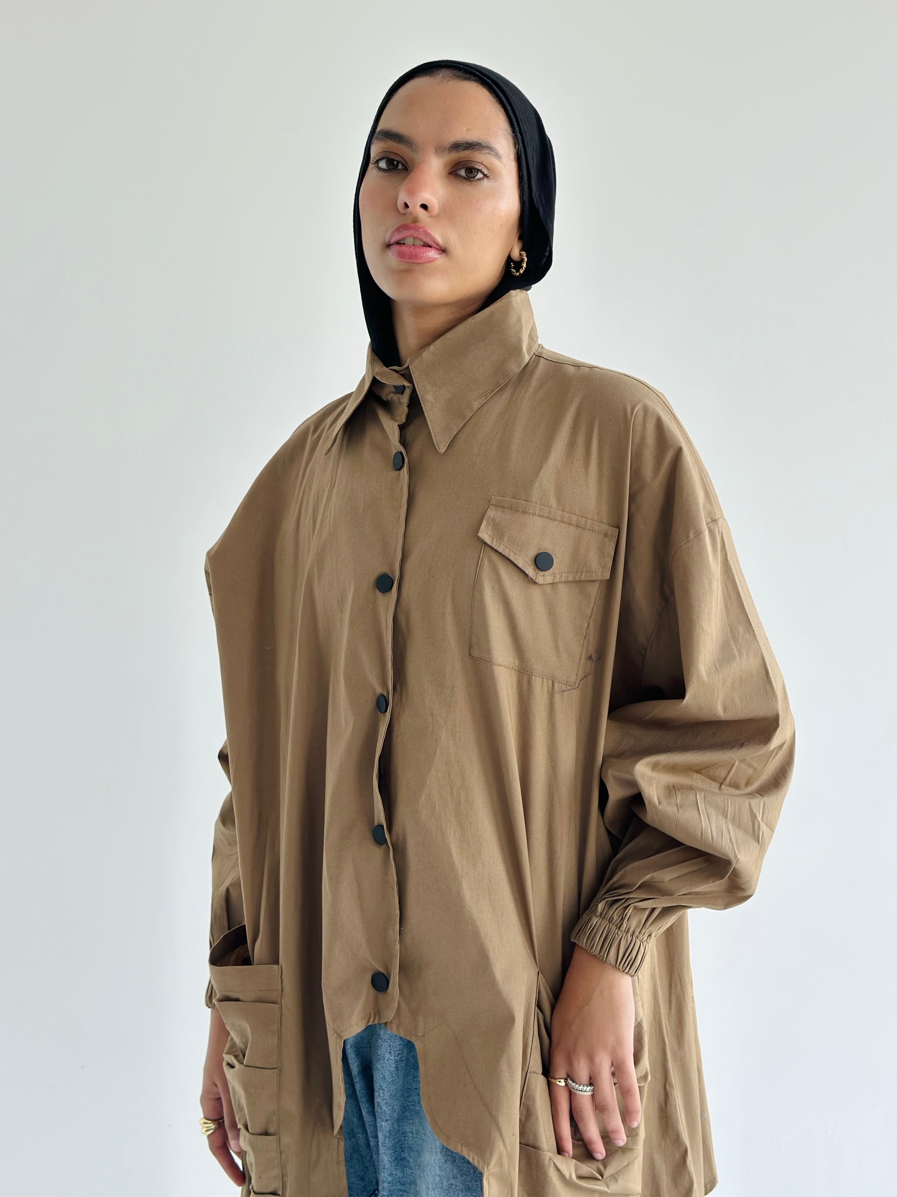 Olive Big Pockets Poplin Shirt