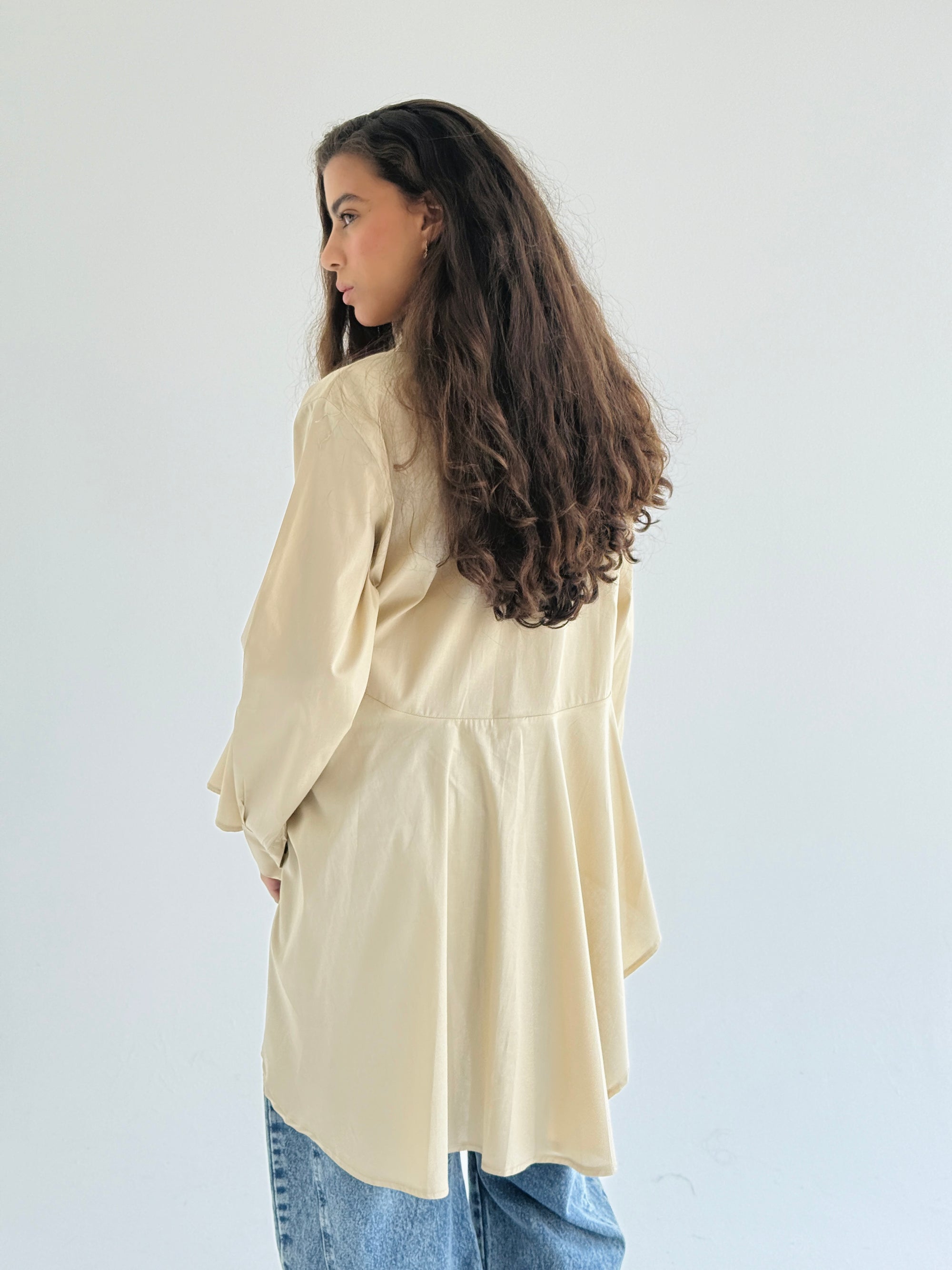 Beige Round Ruffled Poplin Shirt