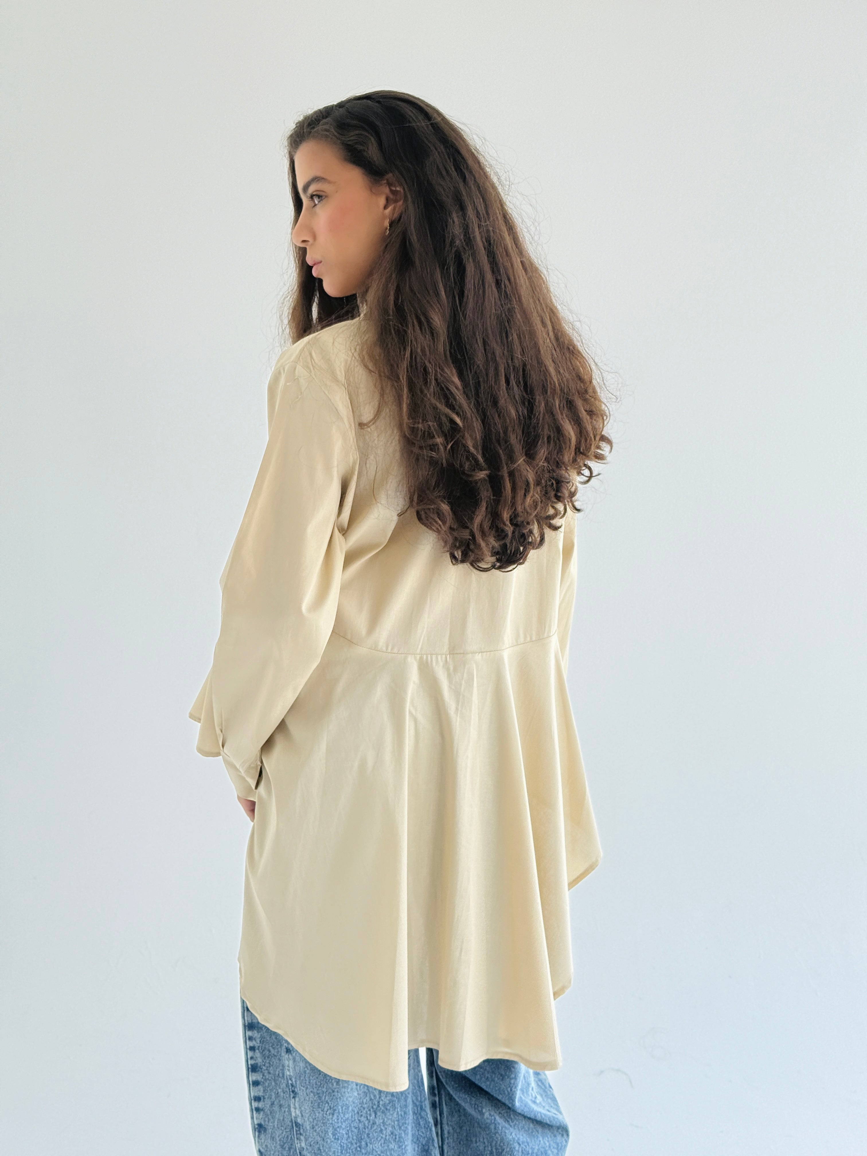 Beige Round Ruffled Poplin Shirt