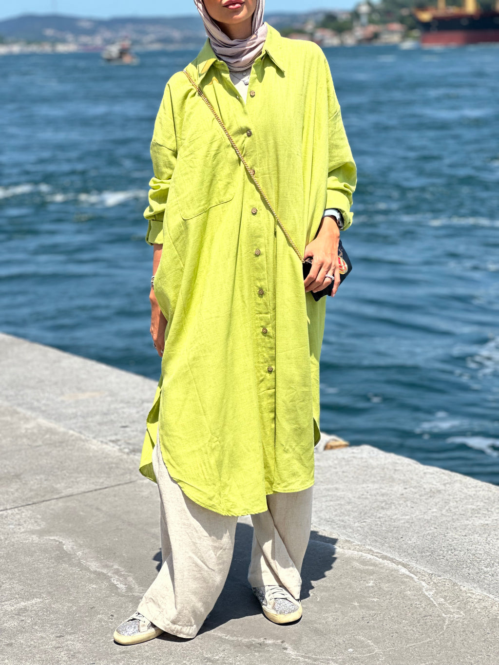 Lime Long Line Linen Shirt