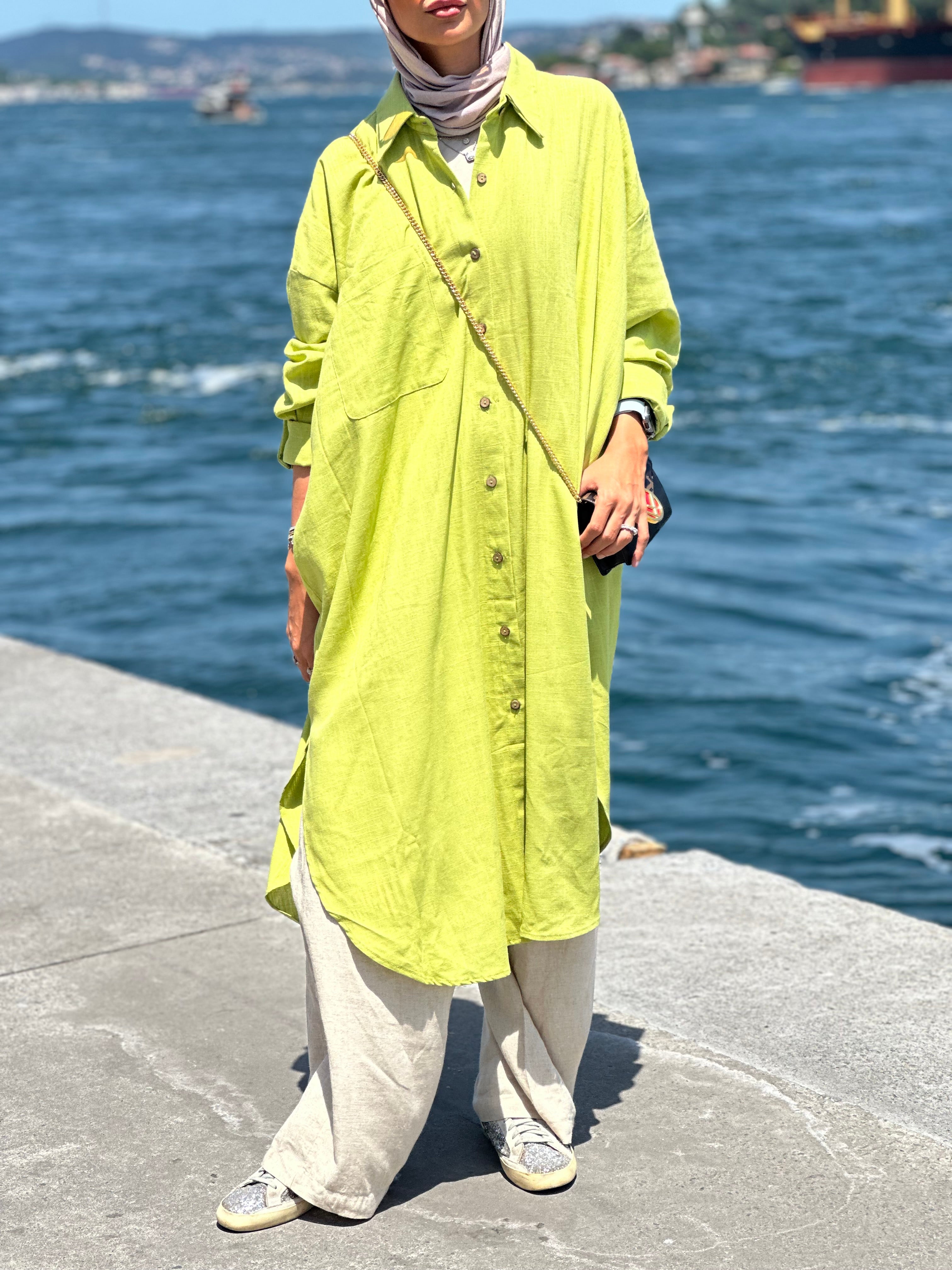 Lime Long Line Linen Shirt