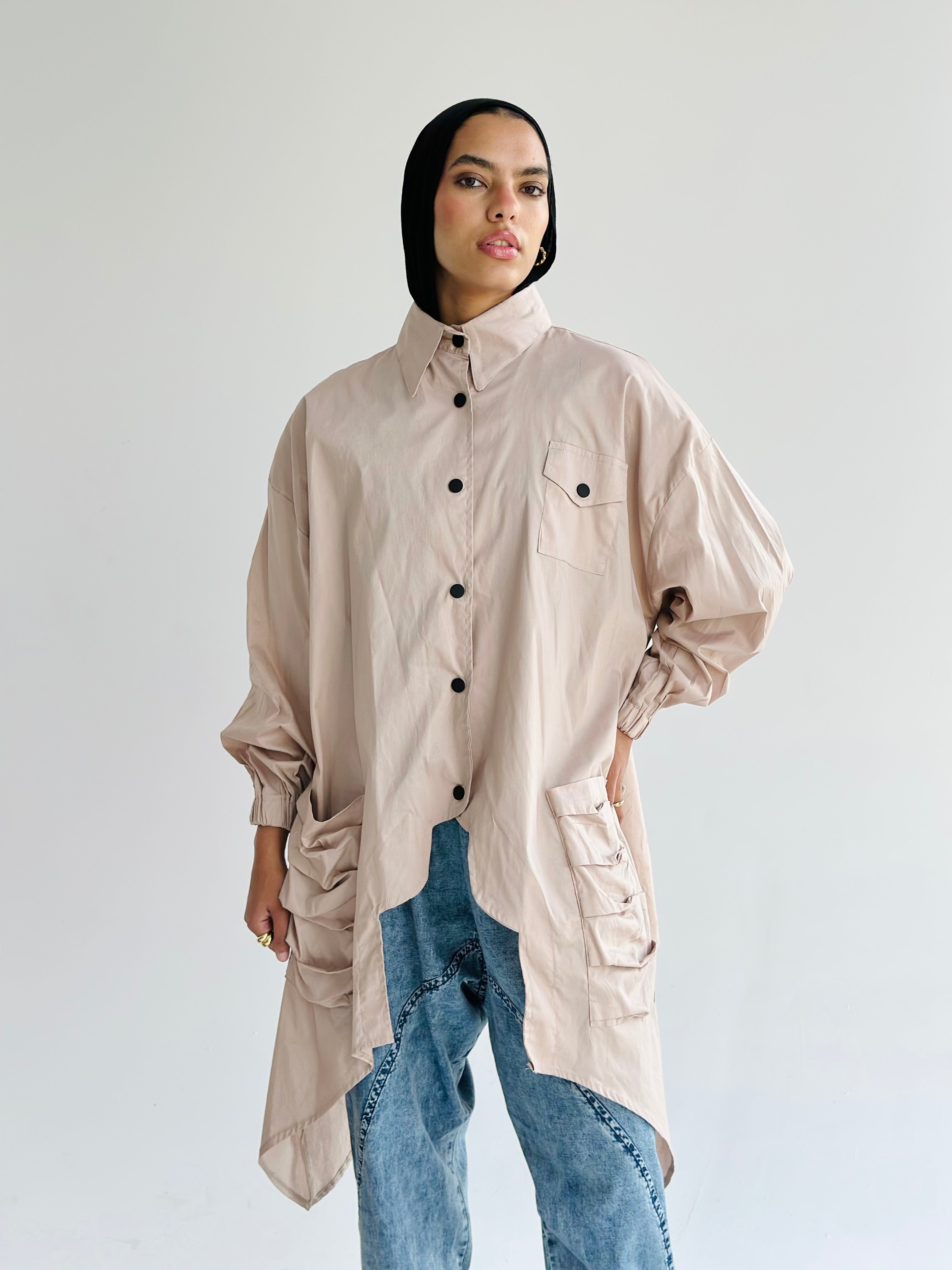 Beige Big Pockets Poplin Shirt