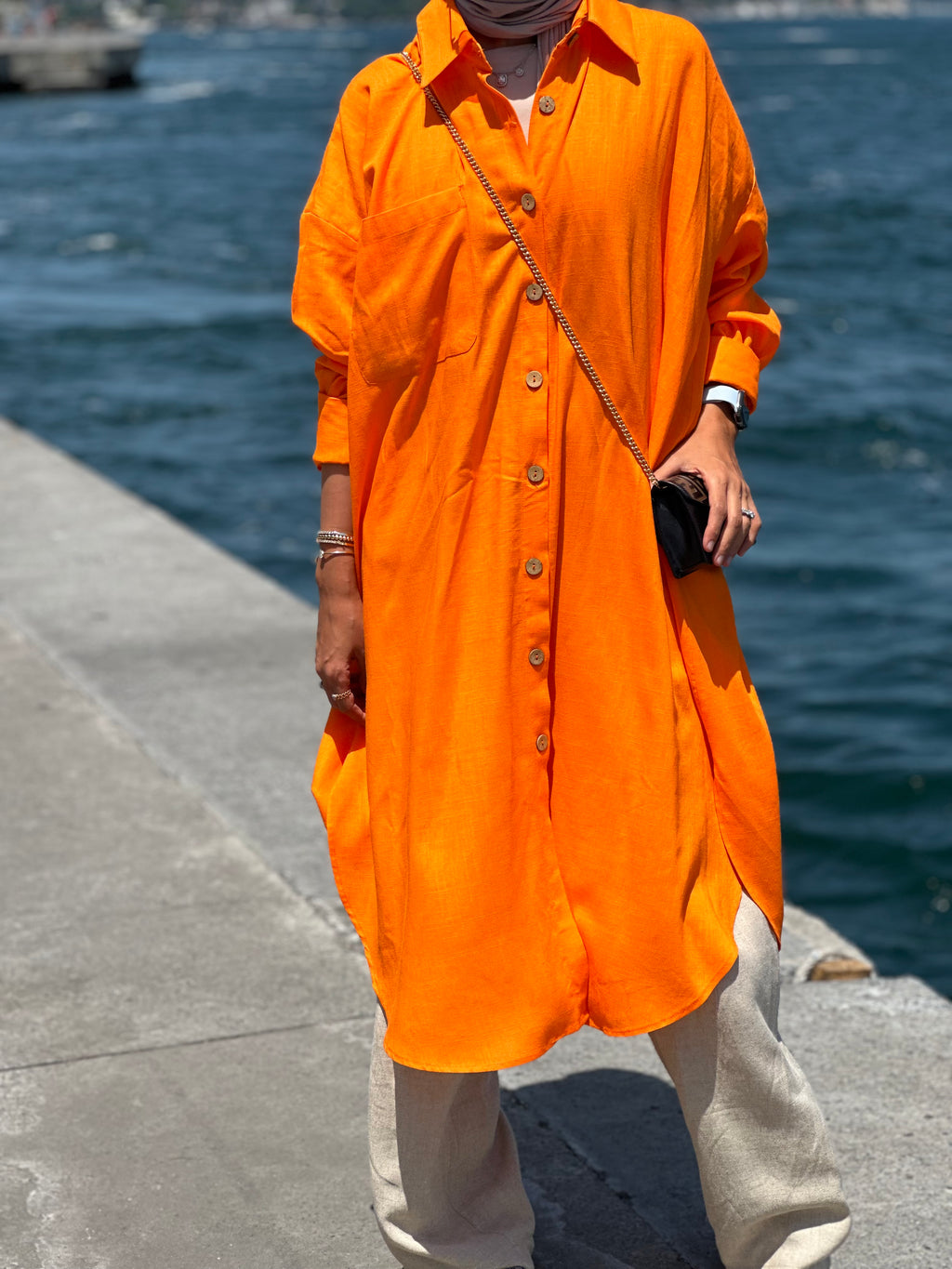 Orange Long Line Linen Shirt